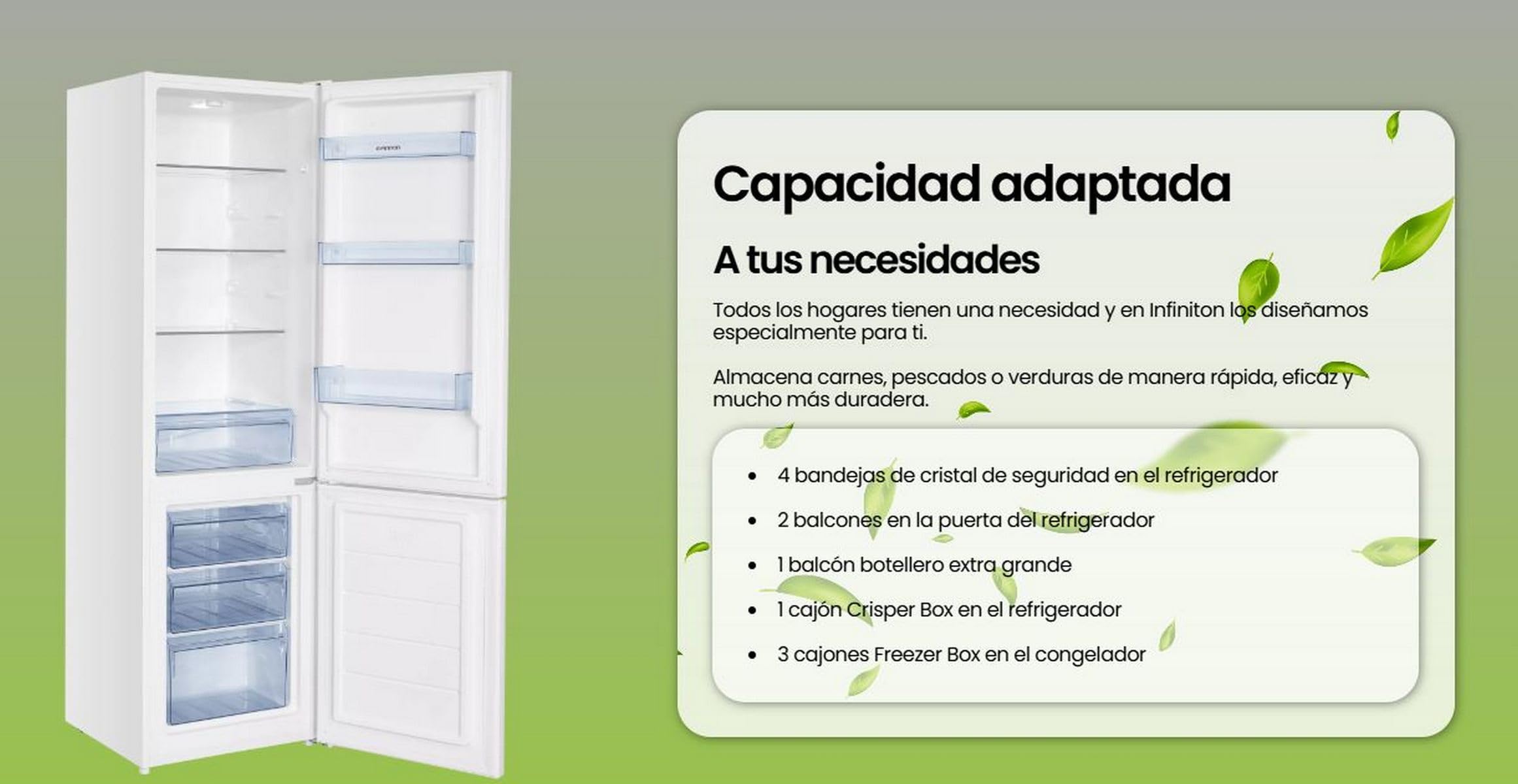 INFINITON Frigorifico Combi FGC-A185B, 255 Litros, 180 cm de Altura, Defrost, Led Interior, Regulación en Altura, Puerta reversible, Ancho Especial de 55 cm, E, Blanco