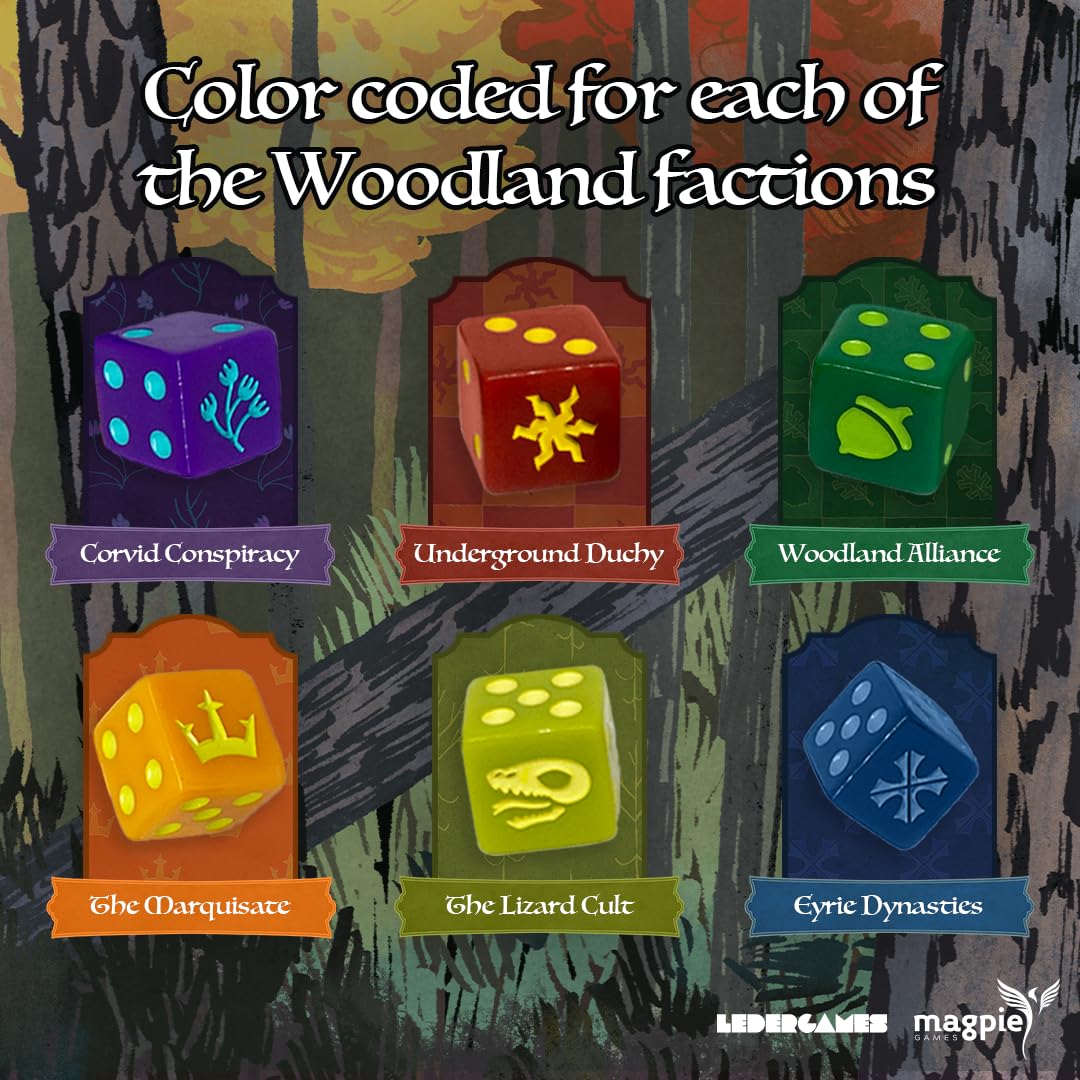 Magpie Games Jeu de dés pour Root: Le jeu de rôle, 14 dés à six faces gravés avec 7 factions de la forêt, aventure fantastique de table