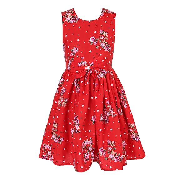 FGL Girls Red Starred Printed Crepe Fabric Dress for Girls