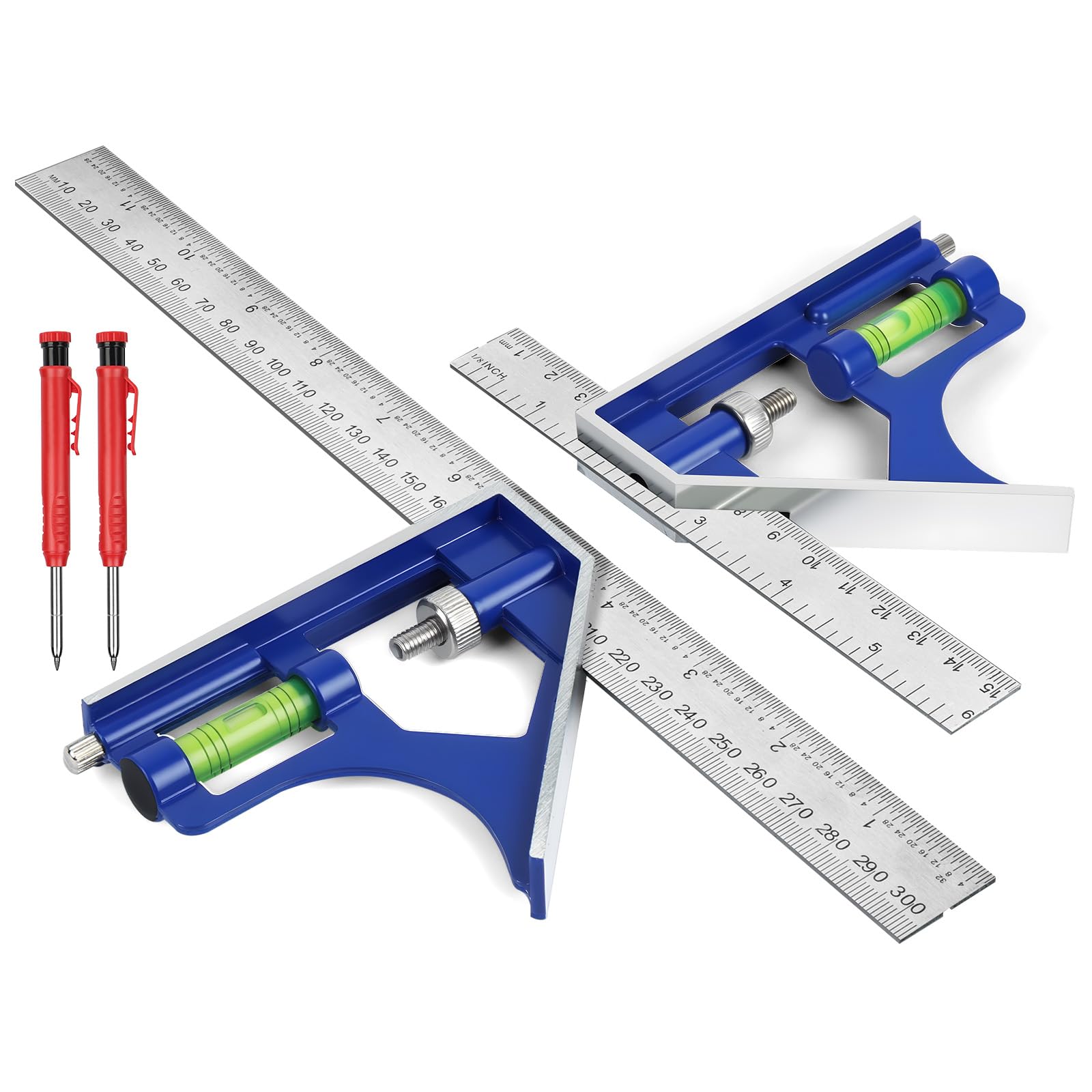 Flintronic Escuadra Combinada Ajustable, 300mm/150mm Escuadra Carpintero, Ángulo Combinado de Acero Inoxidable, con Nivel de Burbuja, para Carpintería Herramienta de Medición Multifuncional