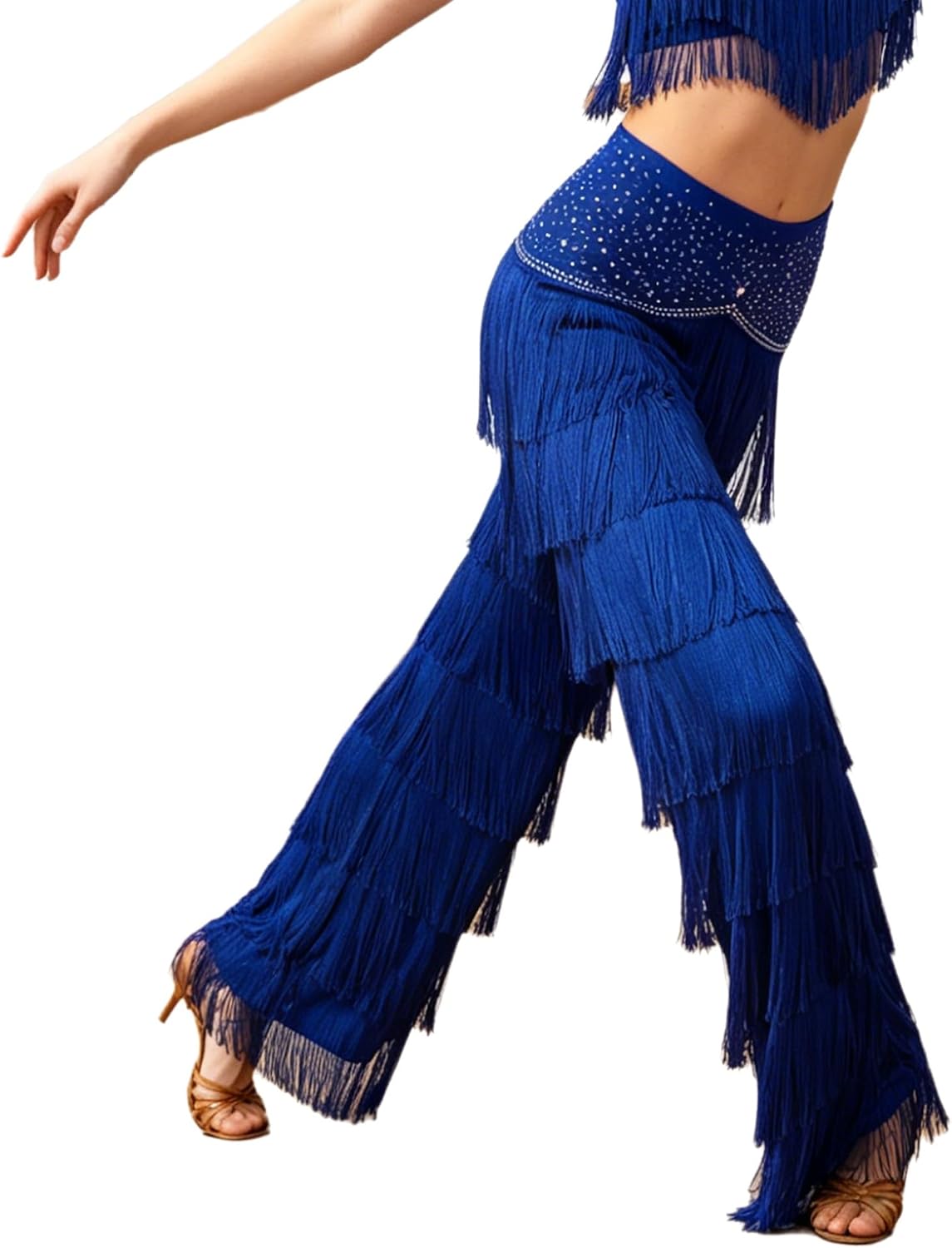 FEESHOW Women Latin Dance Pants Tango Salsa Practice Trousers | Layered Fringe, Rhinestone Waist, Latin Tassel Dance Pants, Belly Dance Costume, Performance, Competition