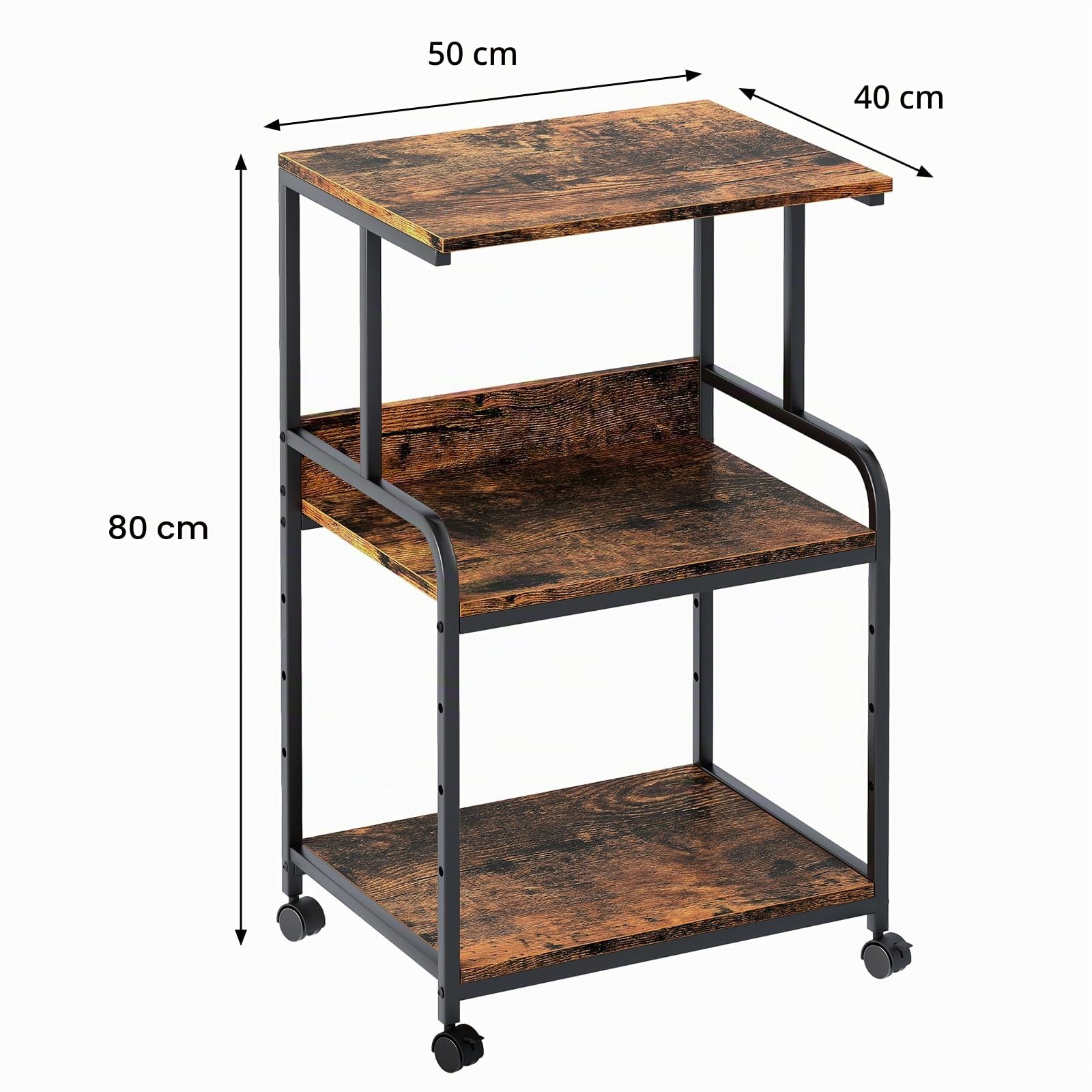 Huhote 3-stöckiger Druckerständer, Druckertisch mit Rollen, Metall Druckerwagen, Druckerregal für Büro, Zuhause, Schule und Arbeitszimmer, Druckerschrank für Fax, Kopierer, Scanner (Holzfarbe)