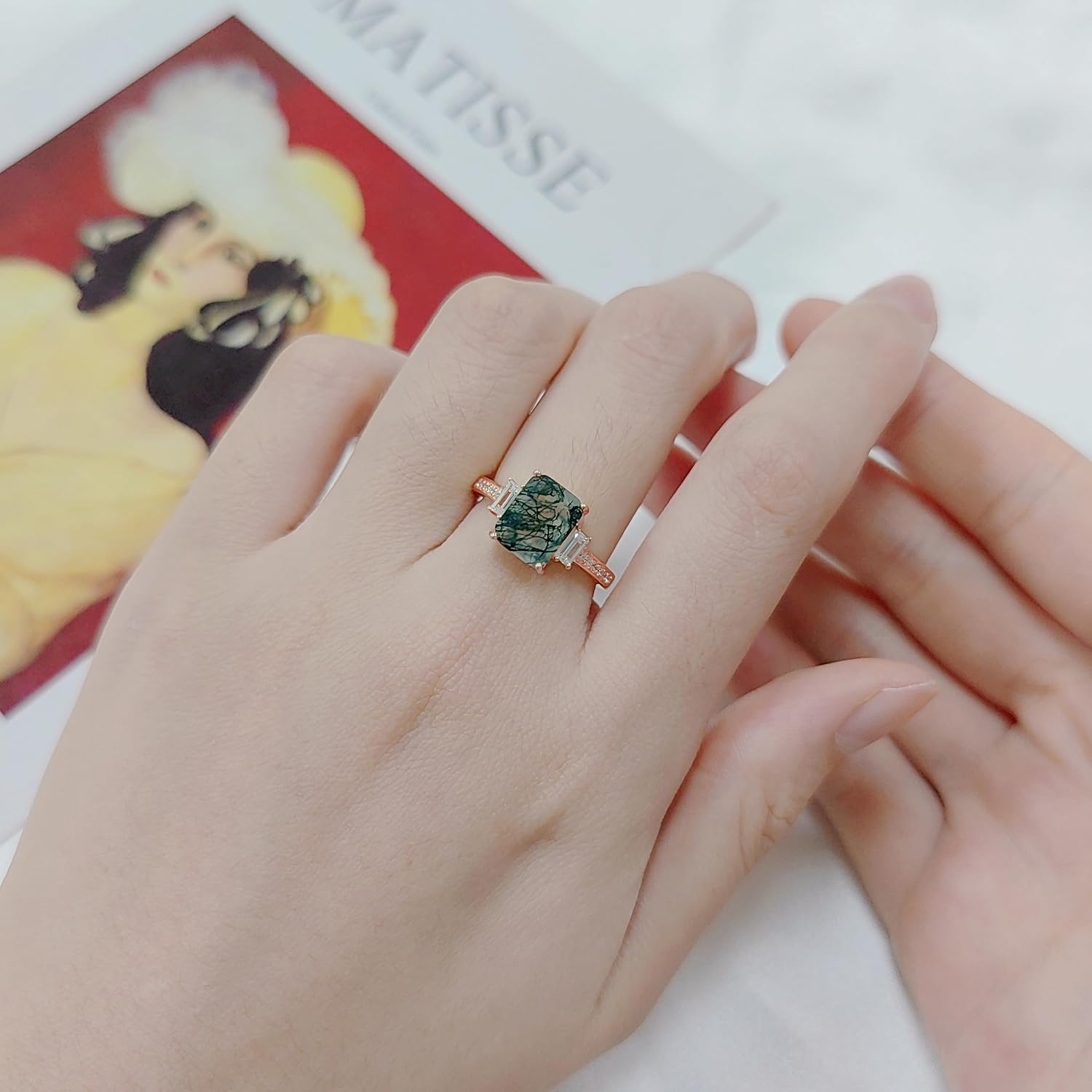 Gem's Beauty Women's Wedding Ring 0.63CT 5x5mm Square Shape Moss Agate Halo Pave Engagement Rose Gold Rings Women in 925 Sterling Silver(Size5-10)
