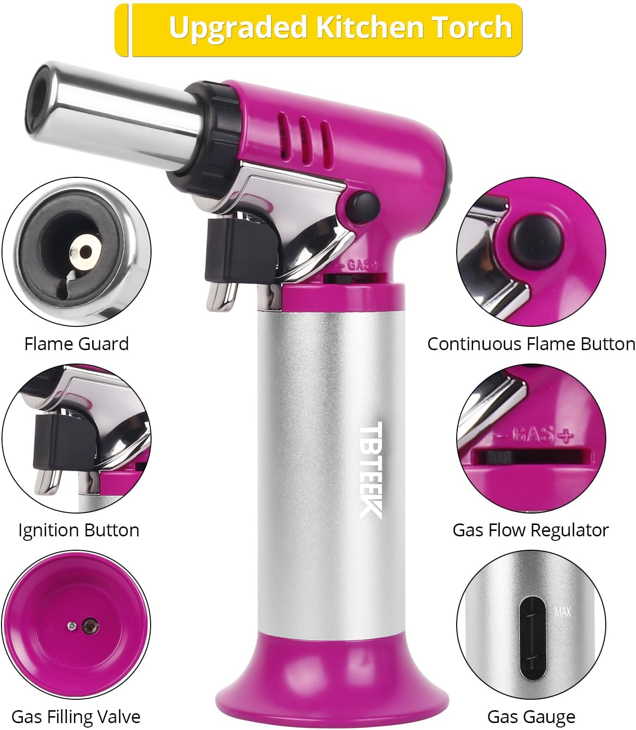 TBTeek Kitchen Torch with Butane Included, One-hand Operation Cooking Torch Lighter with Butane Refill for BBQ, Baking, Brulee Creme and Soldering, Purple(2 Can)