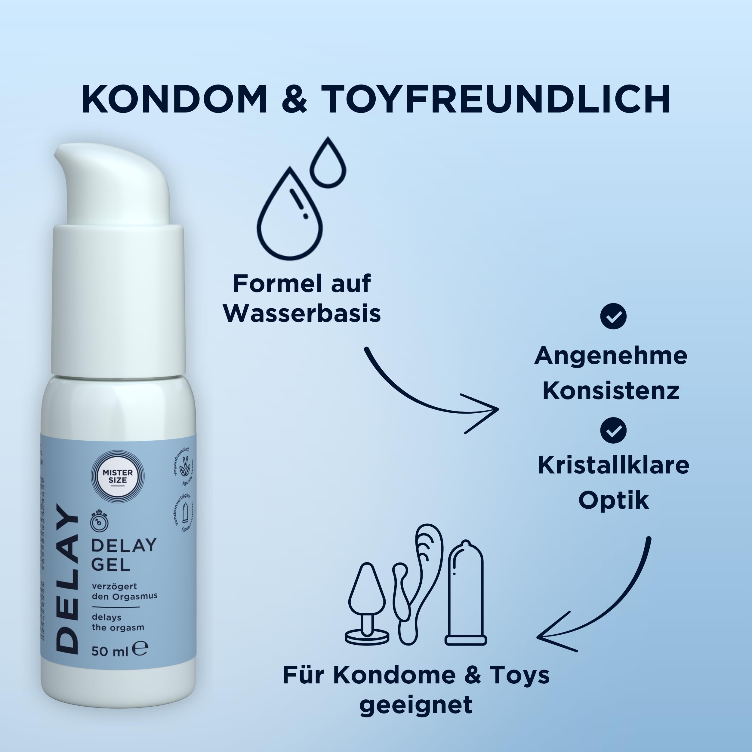 Mister Size Delay Gel 50 ml - gel ritardante con olio di chiodi di garofano e Laureth-9, rinfrescante, nutriente della pelle, adatto per preservativi e toy