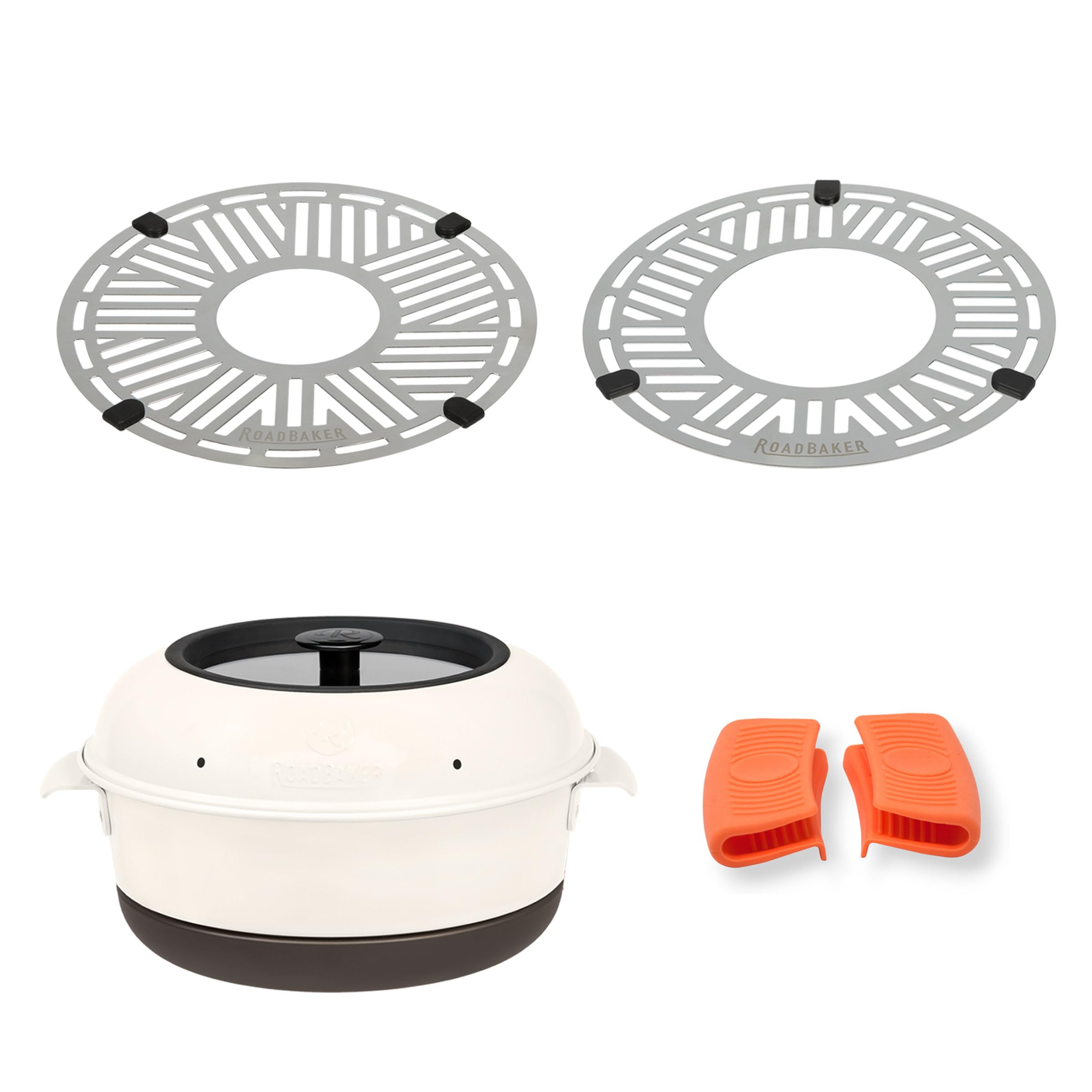 Komfort Set 4-teilig – Mobiler Campingbackofen mit Glasdeckel & Sichtfenster | RoadRack Backgitter Set & RoadClips | Backofen für Gaskocher, Wohnmobil & Vanlife