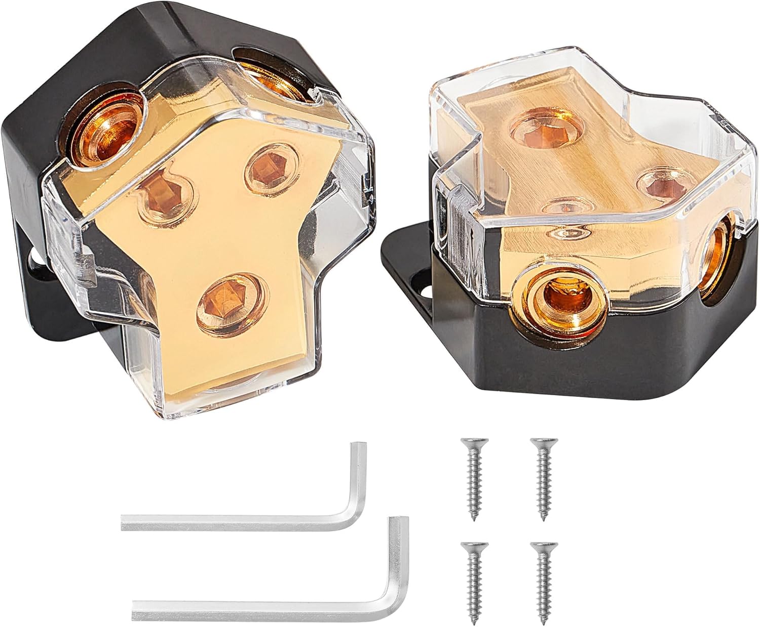 NuIth 2-Way Copper Power Distribution Block, 0/2/4 Gauge in 4/8 Gauge Out Auto Car Audio Distribution Connecting Block, 2 Way Ground Distribution Block Copper for Audio Amplifier Splitter, 2PCS