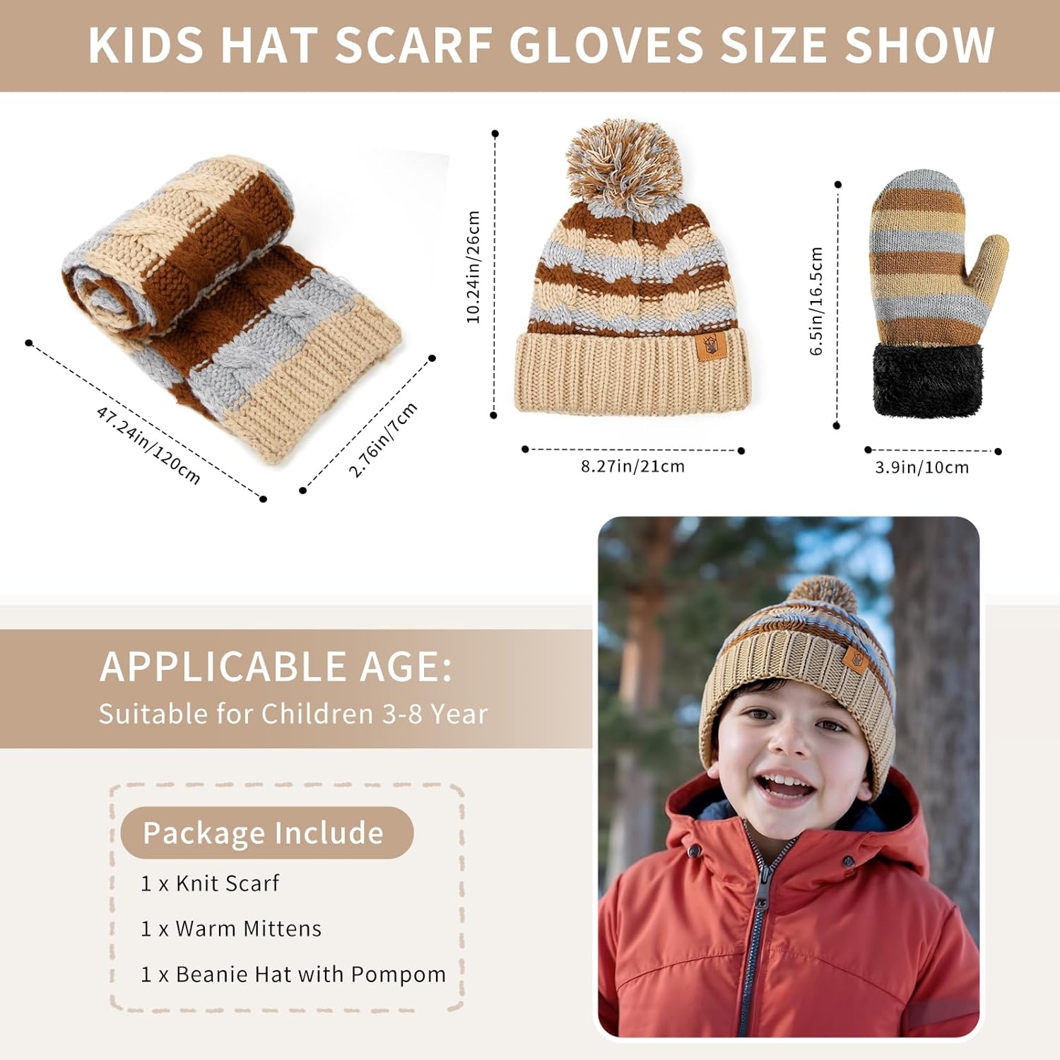 Boys Winter Hat Scarf and Gloves Set for Kids Warm Knitted Hat Mittens and Fleece Neck Warmer Scarf Set for Boys Girls 3pcs - Image 2