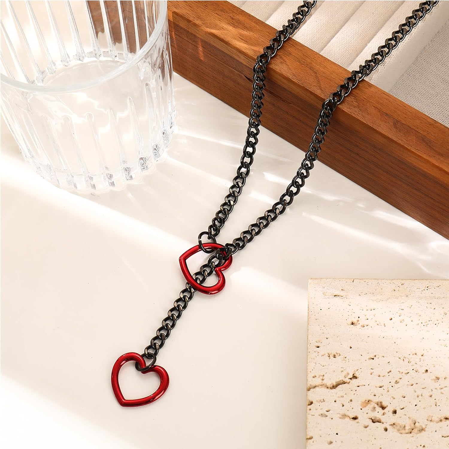 Heart O-ring Slip Chain Necklace for Women Punk Rock Stainless Steel Cuban Long Handmade Necklace Y-Necklace Jewelry Gifts Adjustable Lariat Y-Necklace Locker With Key