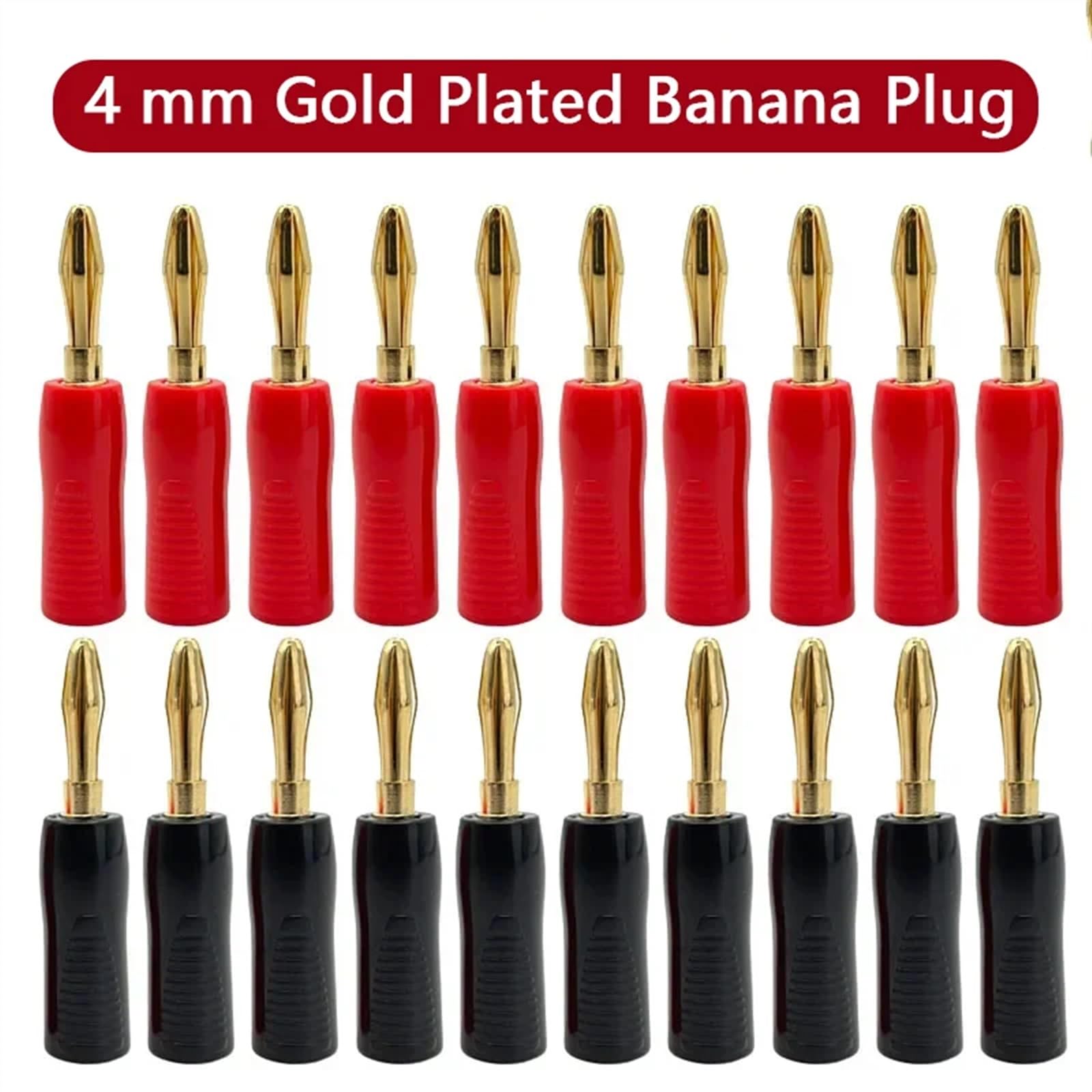 10 pièces 4mm fiches Banane plaqué Or Coque antidérapante câble de Haut-Parleur Musical Broche de Fil connecteurs de fiche Banane(10 Red)