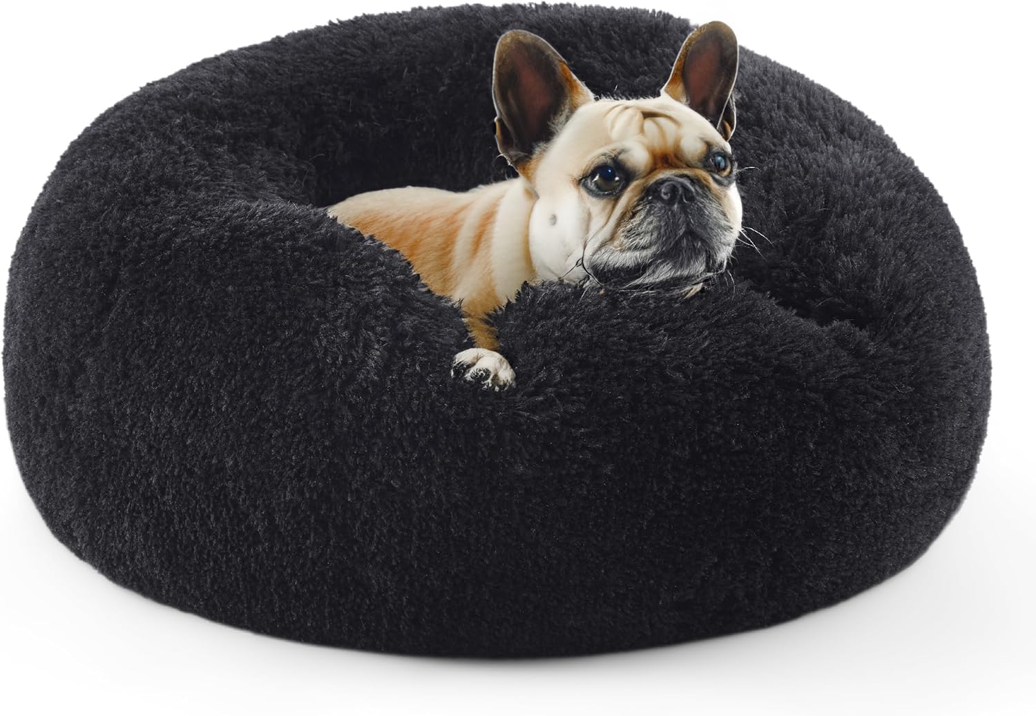 SEOUGEE Calming Donut Dog Bed, Fluffy Plush Round Cat Bed, Cosy Soft Washable Cushion Warming Pet Beds with Non-Slip Bottom, Indoor Sleeping Cuddler Nest for Small Dogs Cats (Black 50cm)