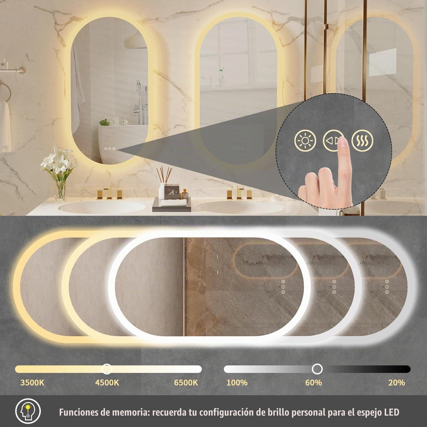 Genérico Espejo Baño con Luz Led Ovalado 80 x 50 cm Espejos de Baño Antivaho con Luz Retroiluminado Regulable Espejo Moderno Inteligente con Interruptor Tactil y Enchufe para Recibidor vestidor