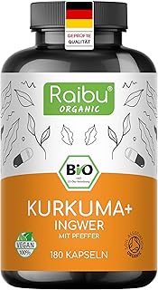 Raibu BIO Kurkuma mit Ingwer Kapseln mit Schwarzem Pfeffer - 180 Hochdosierte Curcuma Komplex Kapseln - Bio-Qualität, Ohne Zusätze & Vegan aus Deutscher Produktion