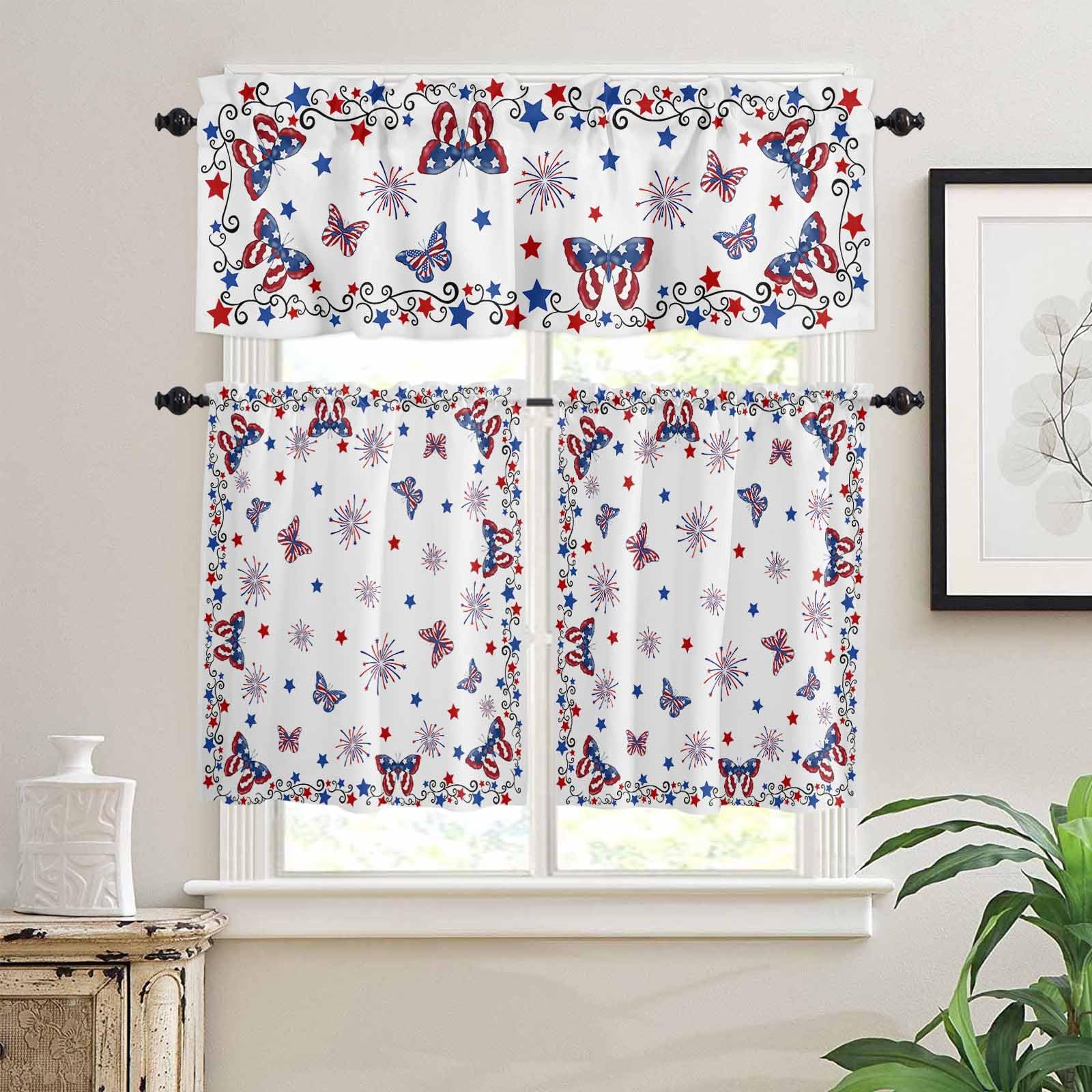 Blue Red 4th of July Kitchen Curtains 24 Inch Length,3 Piece Rod Pocket Small Half Tiers and Valance Set,Independence Day Fireworks Butterfly Small Large Window Treatment Decor for Bedroom/Bathroom