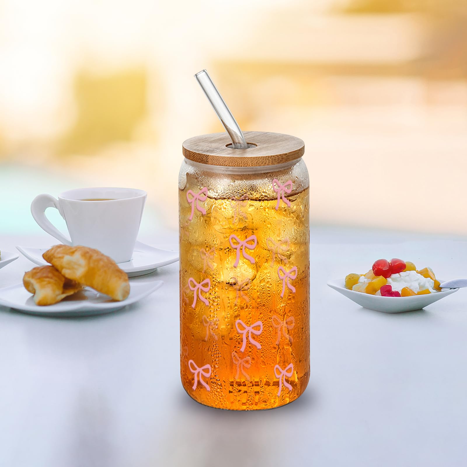 Forbabe 2 Bicchieri In Vetro Con Coperchio E Cannuccia, 500 Ml, Elegante Bow Cup Per Caffè, Soda Cocktail E Altri Bicchieri In Vetro Con Fiocco Rosa - 12