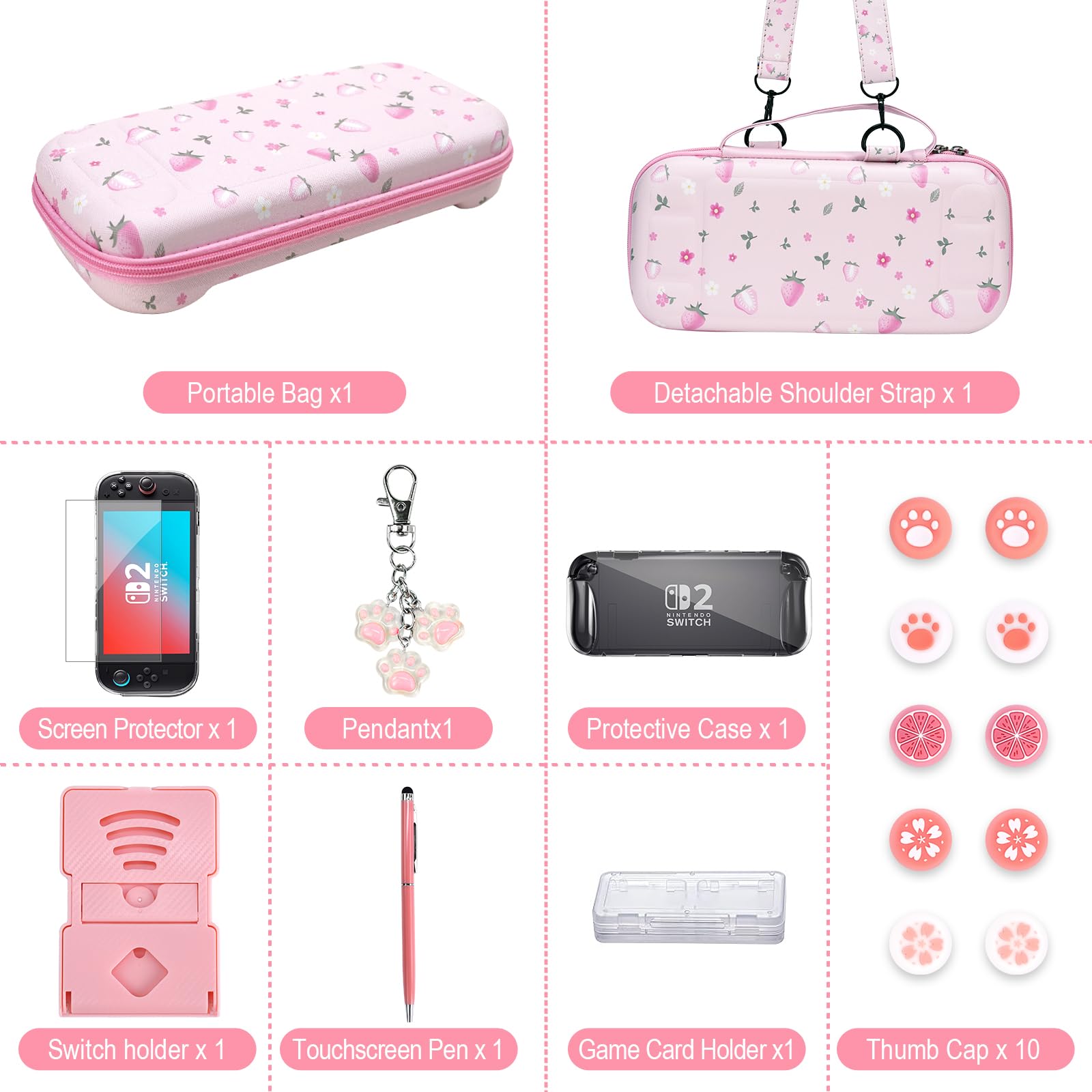 FIWWAT 17 en 1 kit D’Accessoires pour Nintendo Switch 2 - Housse de Transport Portable, Protège-Écran, Protège-Joystick, Support, Étui de Protection, Rose