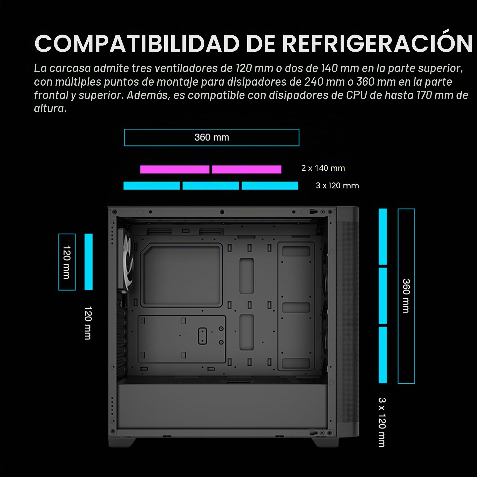 GAMDIAS Athena M3 ATX Mid Tower - Carcasa de PC de Torre Media, Ventilador ARGB PWM de 4 x 120 mm con concentrador, Malla de Flujo de Aire Frontal, Panel Lateral de Vidrio Templado sin Herramientas,