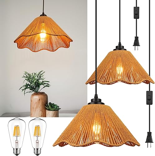 Miniatura 9 de Lámpara colgante enchufable, luces colgantes de ratán con cable de enchufe de 13 pies, cable negro de cáñamo, lámpara de araña con interruptor de