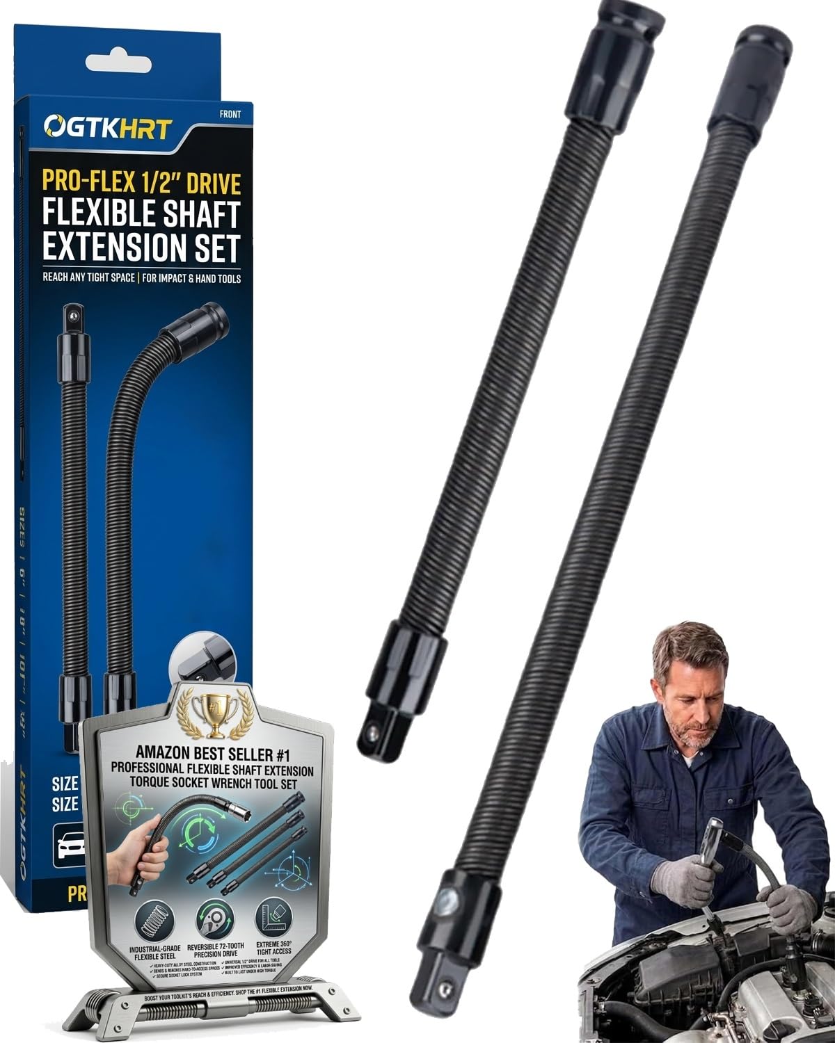 Photo 1 of 1/2 flexible shaft extension extender torque socket wrench ratchet drive bar bendable spring steel flex reach tool long connecting rod electric impact drill adapter set for Hard to Reach(10in+14in)