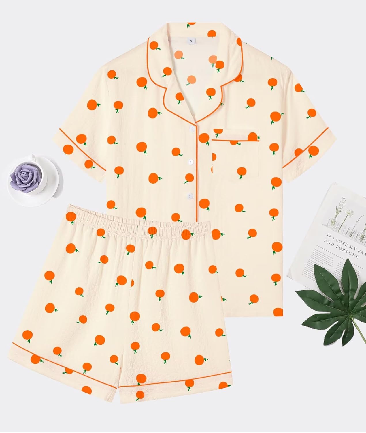 SWOMOG Women 2 Piece Pajamas Sets Short Sleeve Pj Sets Cute Printed Sleepwear Button Down Shirt with Lounge Shorts Set - Image 3