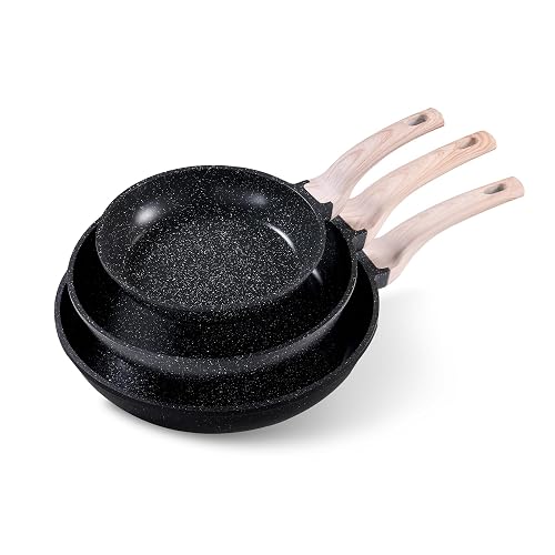 CAROTE Non Stick Frying Pan, Black 8'+10'+12' Granite Skillet Set | Healthy Non Toxic Cookware Set with Heat-Resistant H
