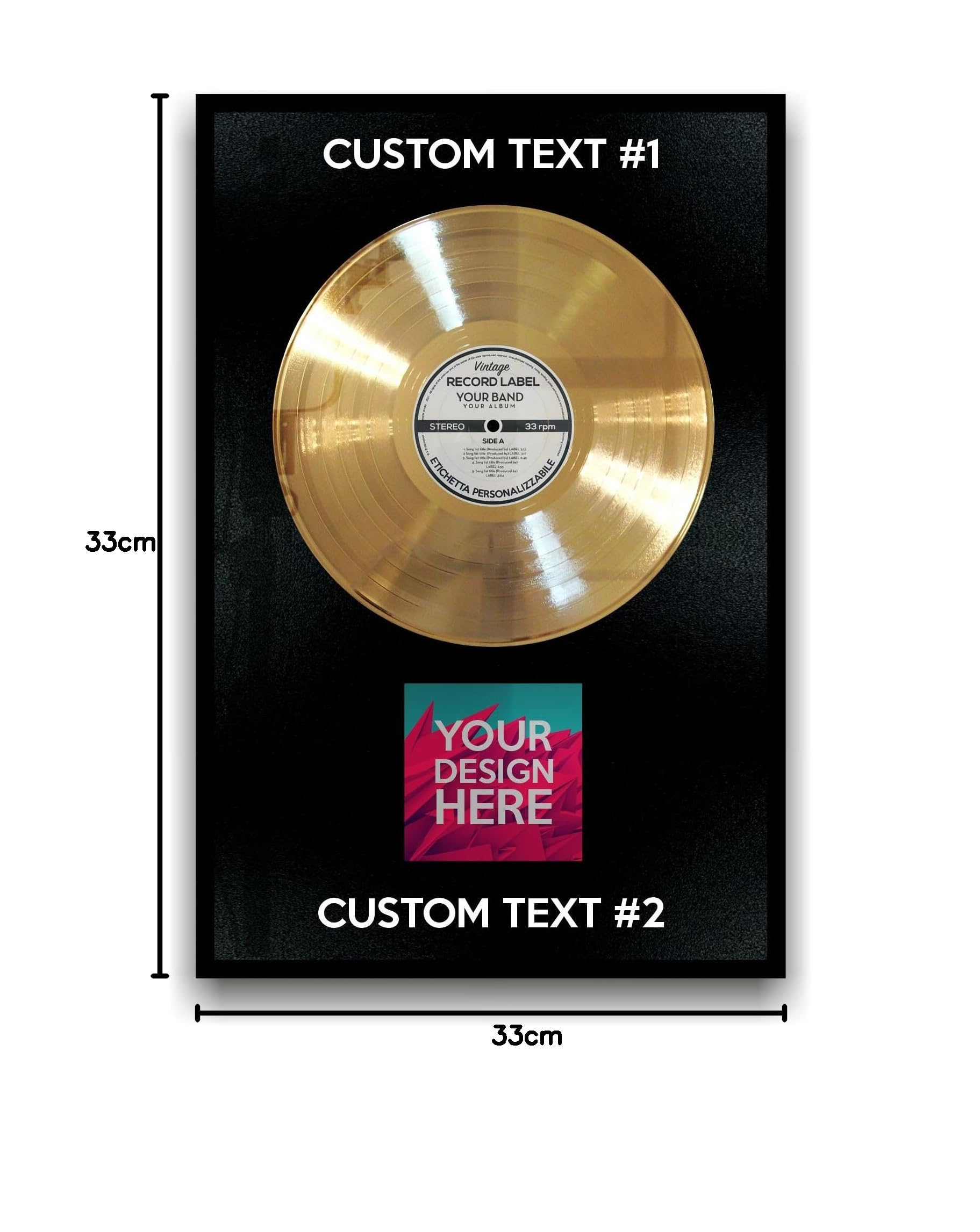 DISCO D'ORO o DI PLATINO incorniciato e personalizzabile - Premio alla carriera - Idea regalo per cantanti, musicisti, artisti e fan (Verticale)