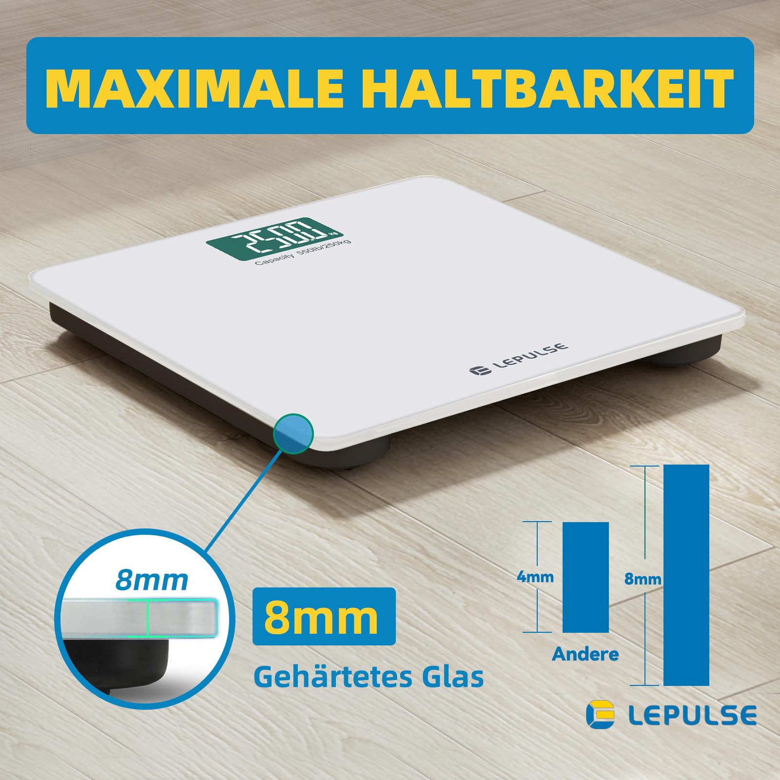 Lepulse Bilancia Pesapersone Digitale in Vetro Temperato, 33x30cm, Max 250kg, Pesa Persone Professionale Bilancia Smart con app, Digitale Bluetooth, Graduazione di Precisione Ogni 100g, per Peso, BMI