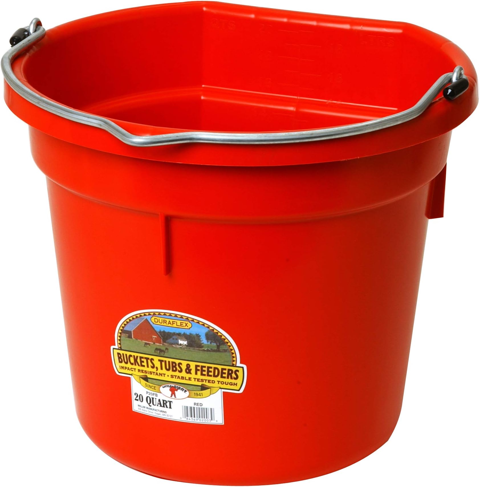 Plastic Animal Feed Bucket (Red) - Little Giant - Flat Back Plastic Feed Bucket with Metal Handle (20 Quarts / 5 Gallons) (Item No. P20FBRED6)