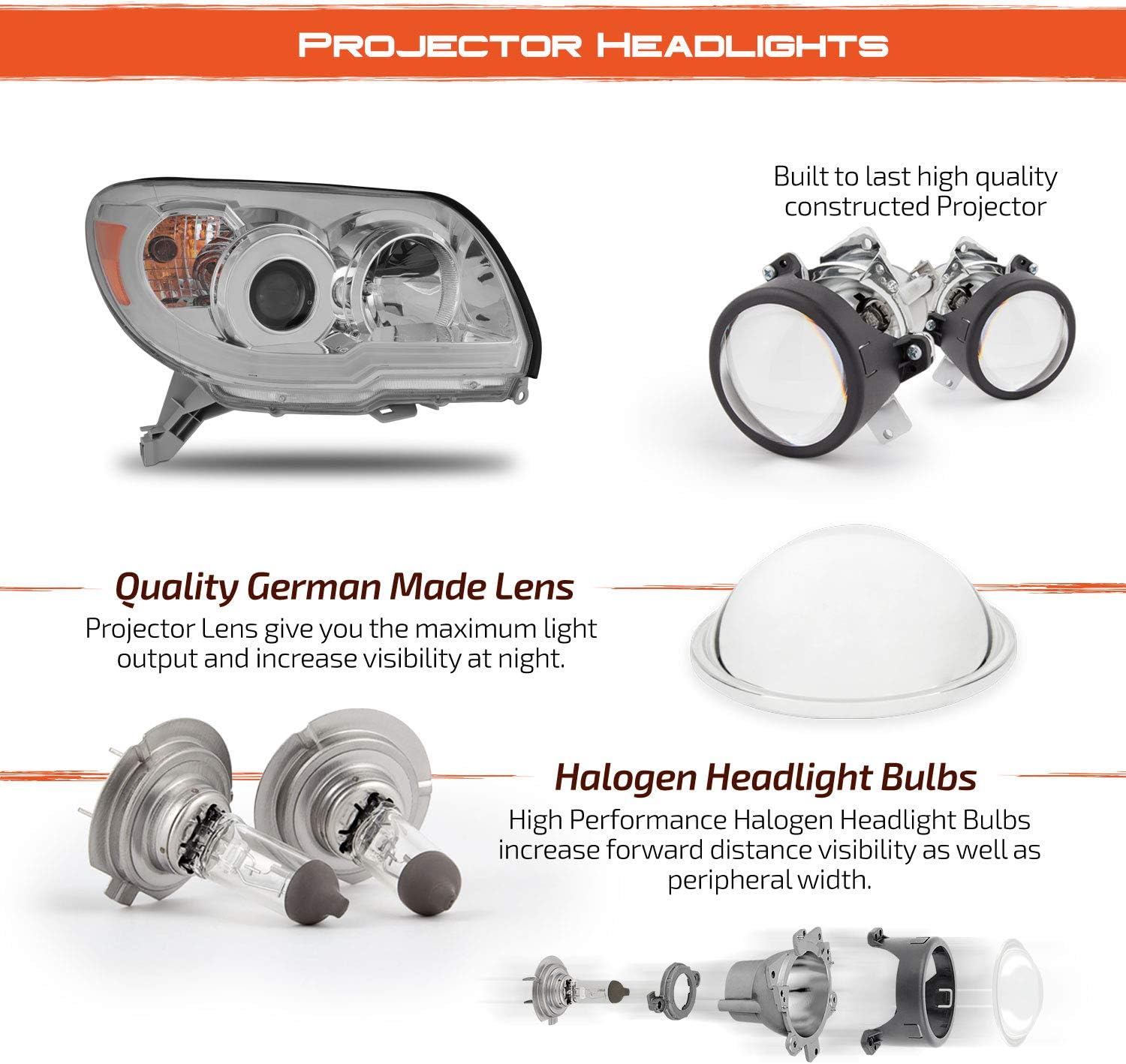 AKKON - For 2006 2007 2008 2009 Toyota 4Runner LED DRL Projector Chrome Headlights Lamps Pair
