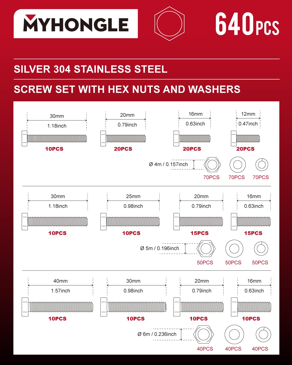 640-teiliges Sechskant-Schraubenset M4 M5 M6 - Edelstahl Sortiment Mit Muttern & Scheiben