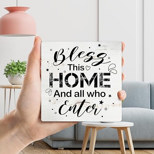 Miniatura 3 de Bless This Home And All Who Enter Placa de madera impresa con soporte, placa de decoración de escritorio cristiana de 4 x 4 pulgadas, letrero de
