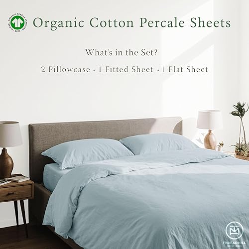 Miniatura 3 de Threadmill Sábanas 100% algodón orgánico, tamaño Queen, 4 piezas, color azul claro, certificadas por GOTS, juego de sábanas suaves y refrescantes