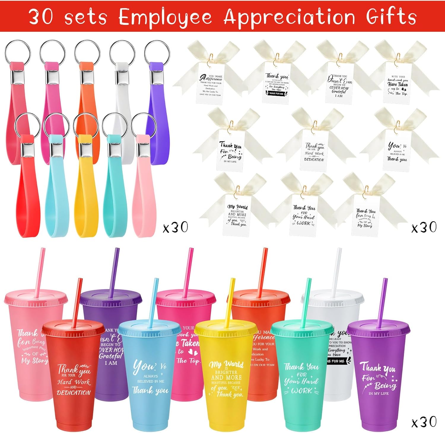 Tioncy 30 Sets Employee Appreciation Gifts Bulk 24 oz Plastic Tumbler with Lid and Straw Reusable Coffee Cups with Keychain Bowknot Card Christmas Gifts for Coworker Staff Worker Favors(Grateful) - Image 3