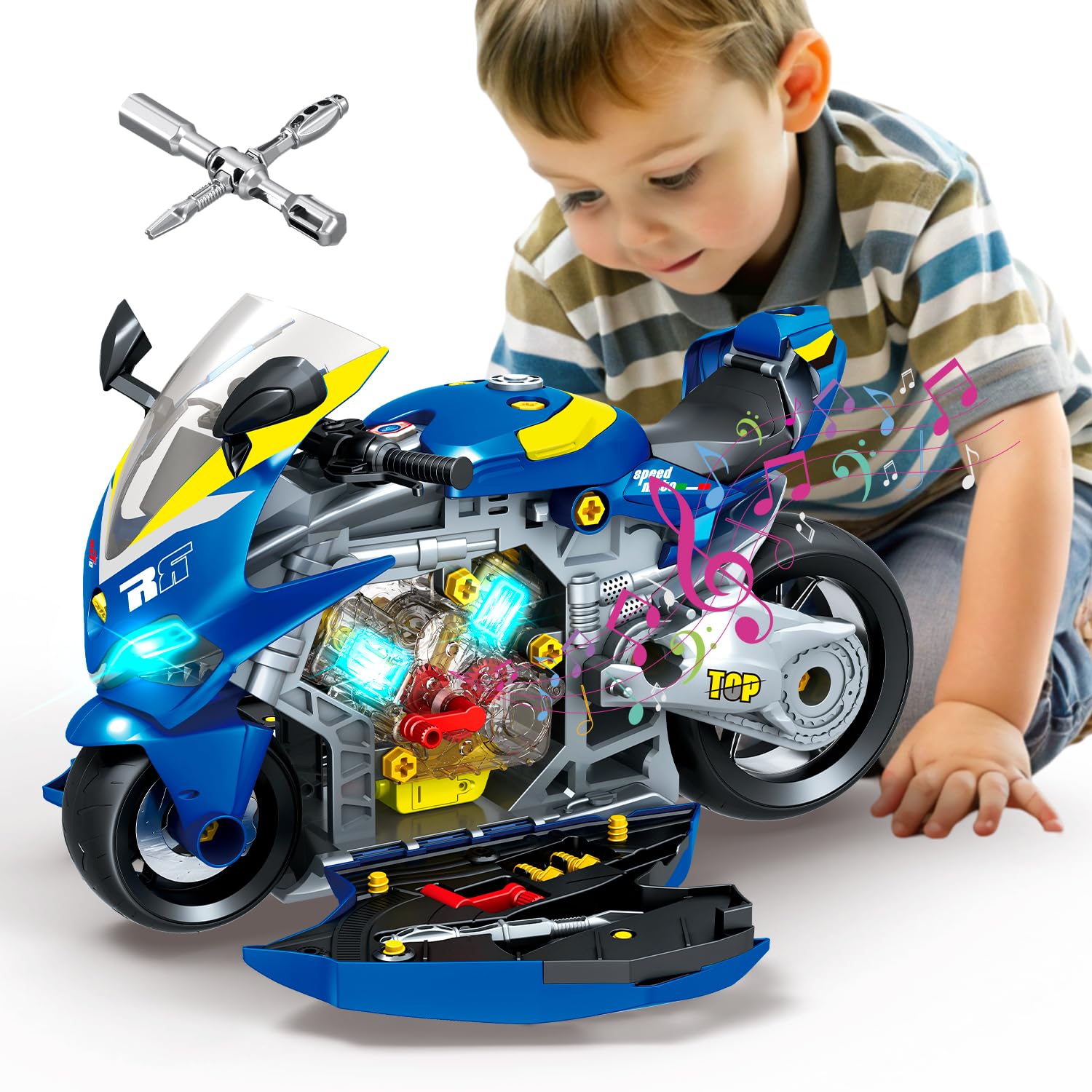 lonfypeng DIY Motorcycle Mechanic Kit, 59-Piece Take-Apart Engine Toy with LED Lights, Realistic Sounds & Water Mist Exhaust, STEM Building Set for Kids Ages 3-6