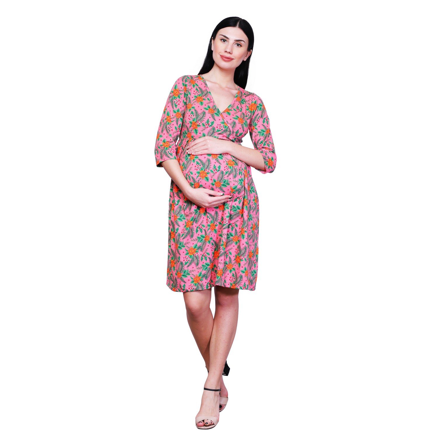 Maternity Dress for Pregnancy and Nursing for Women -Finesse Maternity Cotton Lycra Jersey Knit Floral V Neck Dress-image-47