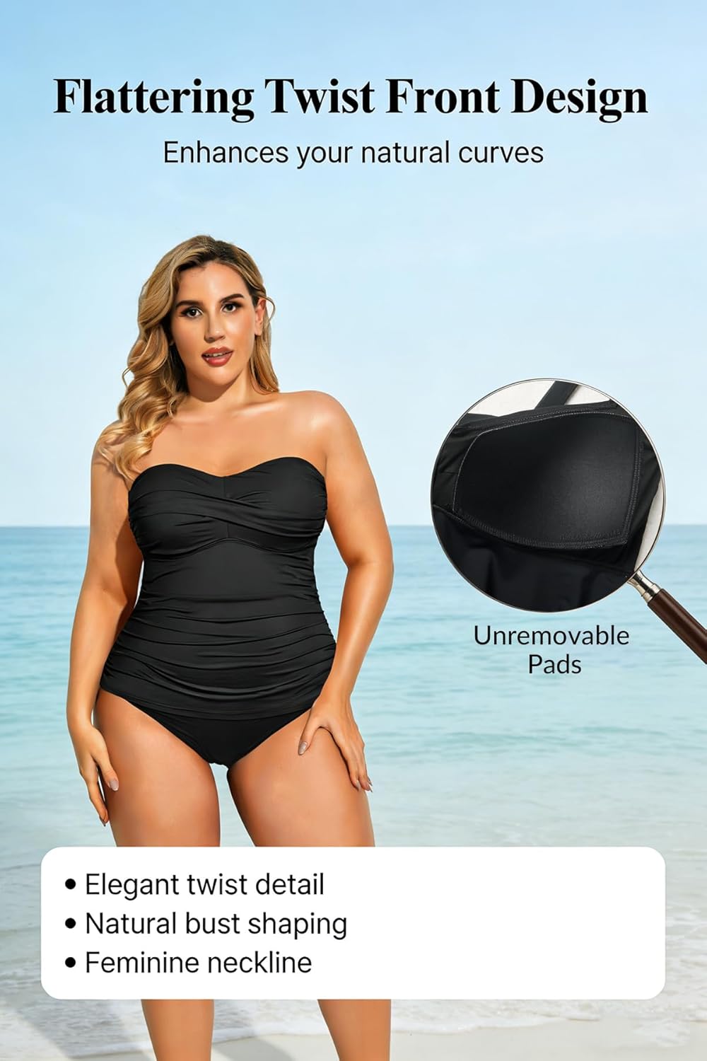 Aqua Eve Plus Size Tankini Top Only Bandeau Swim Top Strapless Swimsuit Top Twist Front Bathing Suit Top No Bottom