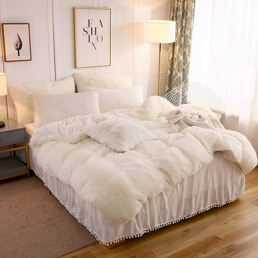 LIFEREVO Luxury Shaggy Plush Duvet Cover 1 PC Crystal Velvet Mink Reverse Ultra Soft Hidden Zipper Closure (Light Beige, King)