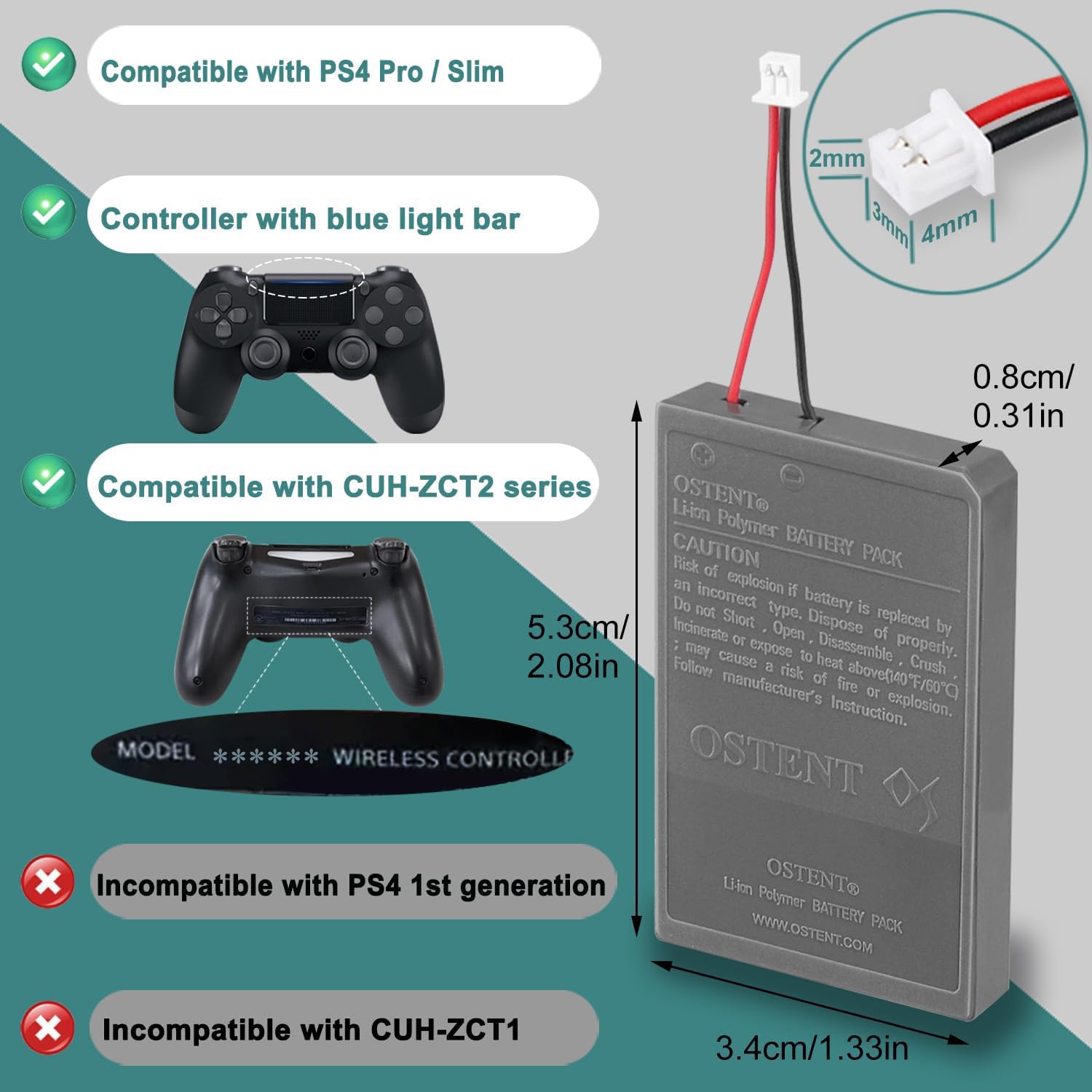 OSTENT 1000mAh 3.65V 3.7Wh Recargable Li-Ion Batería de Repuesto para Sony PS4 Pro/Slim CUH-ZCT2 Serie Bluetooth Wireless Dual Shock Controller Segunda Generación Nueva Versión Pequeño Conector