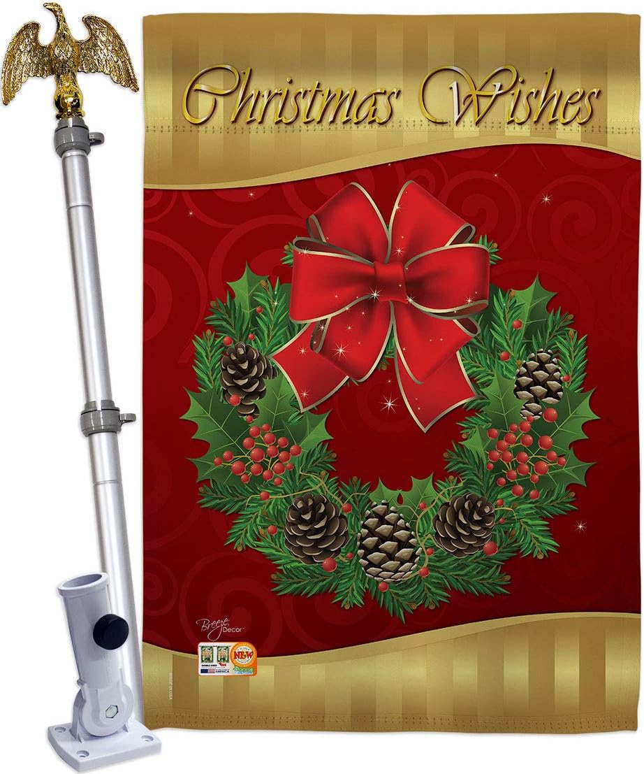 Christmas Wishes House Flag Dowel Set Wintertime Santa Marry Xmas Present Reindeer Season Snow Small Decorative Gift Yard Banner Made In USA 28 X 40