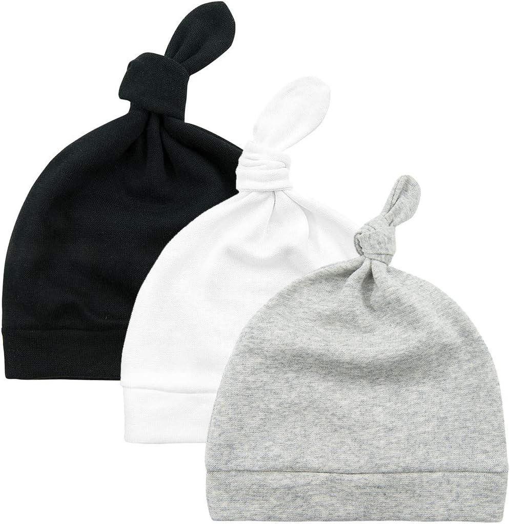 Durio Baby Hats Knot Baby Beanie Newborn Baby Boy Hat Soft Baby Girl Beanies Gifts for Baby Newborn Fall Winter Caps 3 Pack Black & White & Grey One Size Fits 0-6 Months