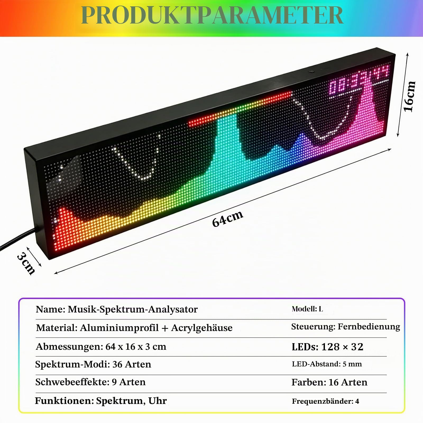 Musik-Spektrumanalysator mit Digitaluhr - 36-Modus-LED-Audiovisualisierer mit 16-Farben-RGB-Display, 9 Schwebeffekte für Dekoration am Schreibtisch, Gaming-Setup, Heimkino L