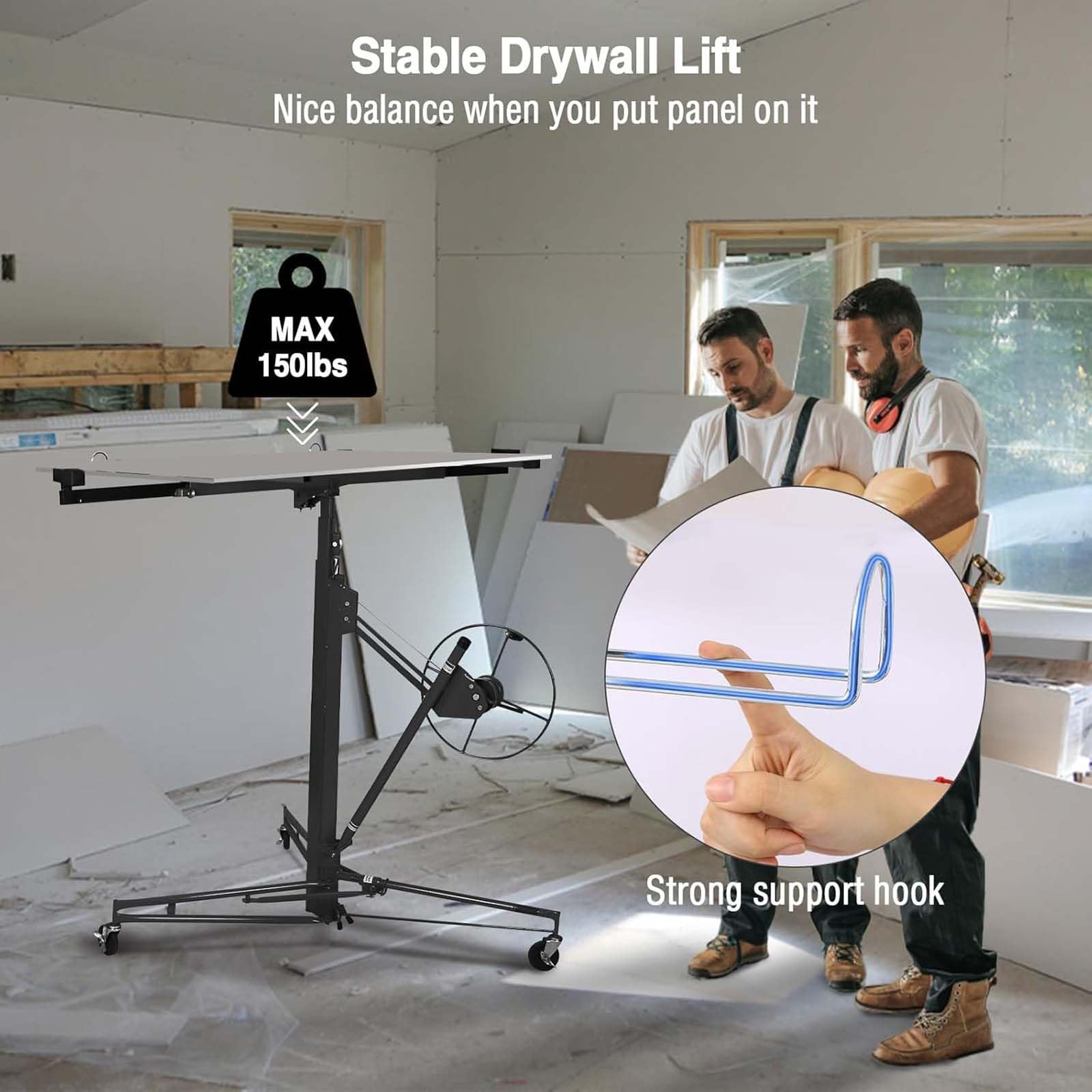 11FT Drywall Lift Panel Hoist Dry Wall Rolling Panel, Drywall Lift 150LBS Heavy Duty Lifter for Sheetrock, Construction Tools with Adjustable Telescopic Arm & 3 Lockable Wheels (Black)