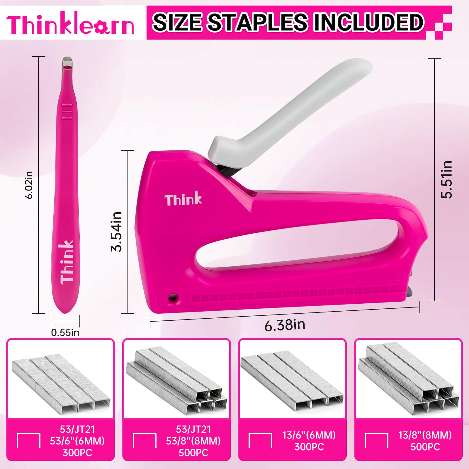 THINKLEARN Light Duty Staple Gun for Wood - Pink 4-in-1 Upholstery Staple Gun with 1600pcs JT21 Staples and Staple Remover, Fabric Staple Gun for Upholstering, Staple Gun for Crafts, DIY, Decoration