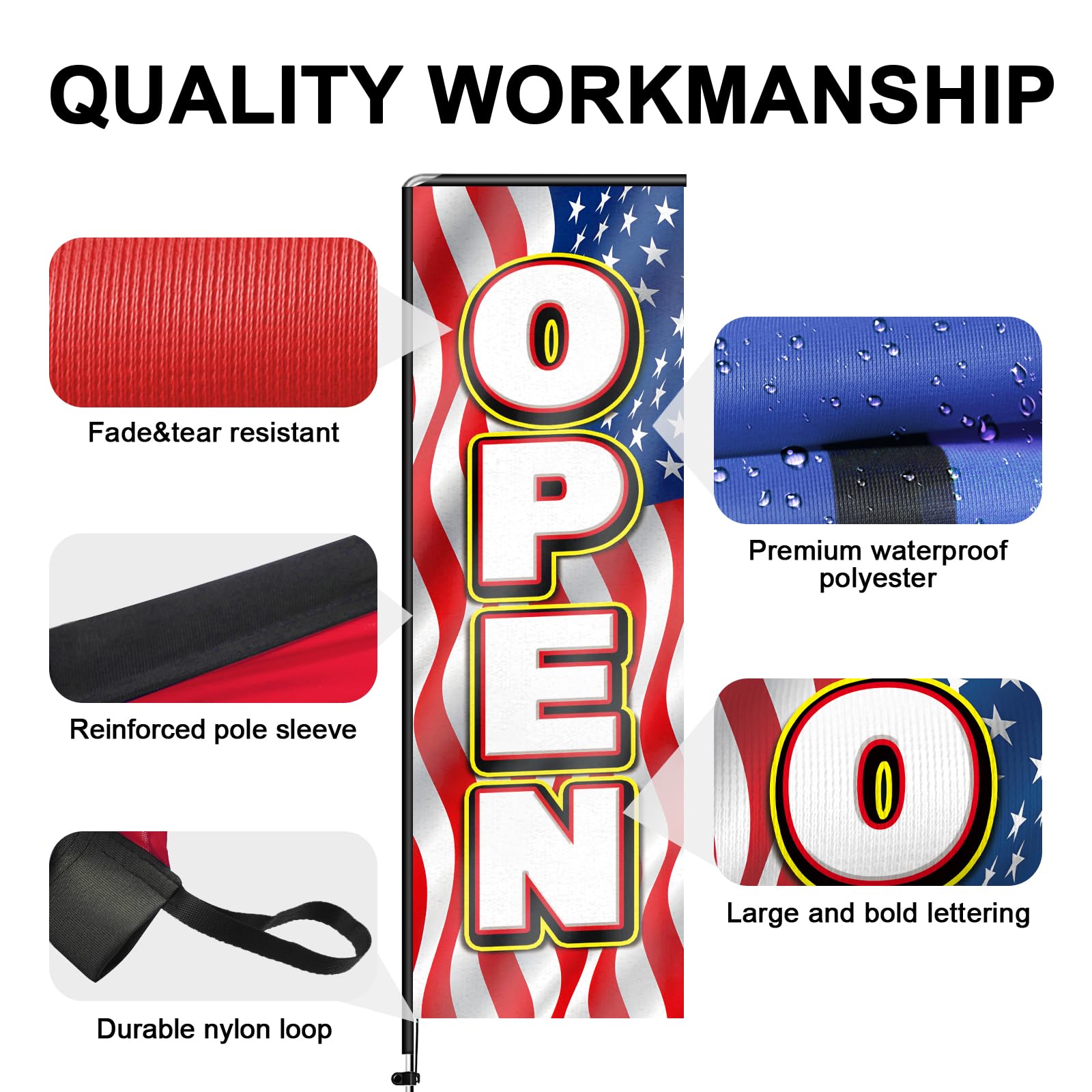 Red Open02 - Bandera rectangular de plumas con kit de mástil de bandera y estaca para el suelo, 11 pies, bandera roja Open02 sin viento, cartel de negocios para publicidad en interiores y