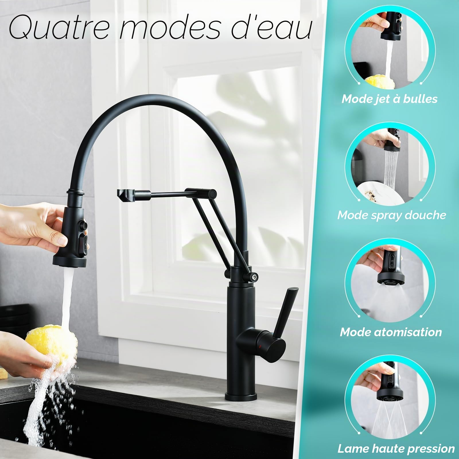 CREA Robinet de Cuisine avec Douchette Rabattable, Mitigeur Monocommande Robinet Évier de Cuisine Haute Pression avec Aimant Rotatif à 360° en Acier Inoxydable Mat Noir