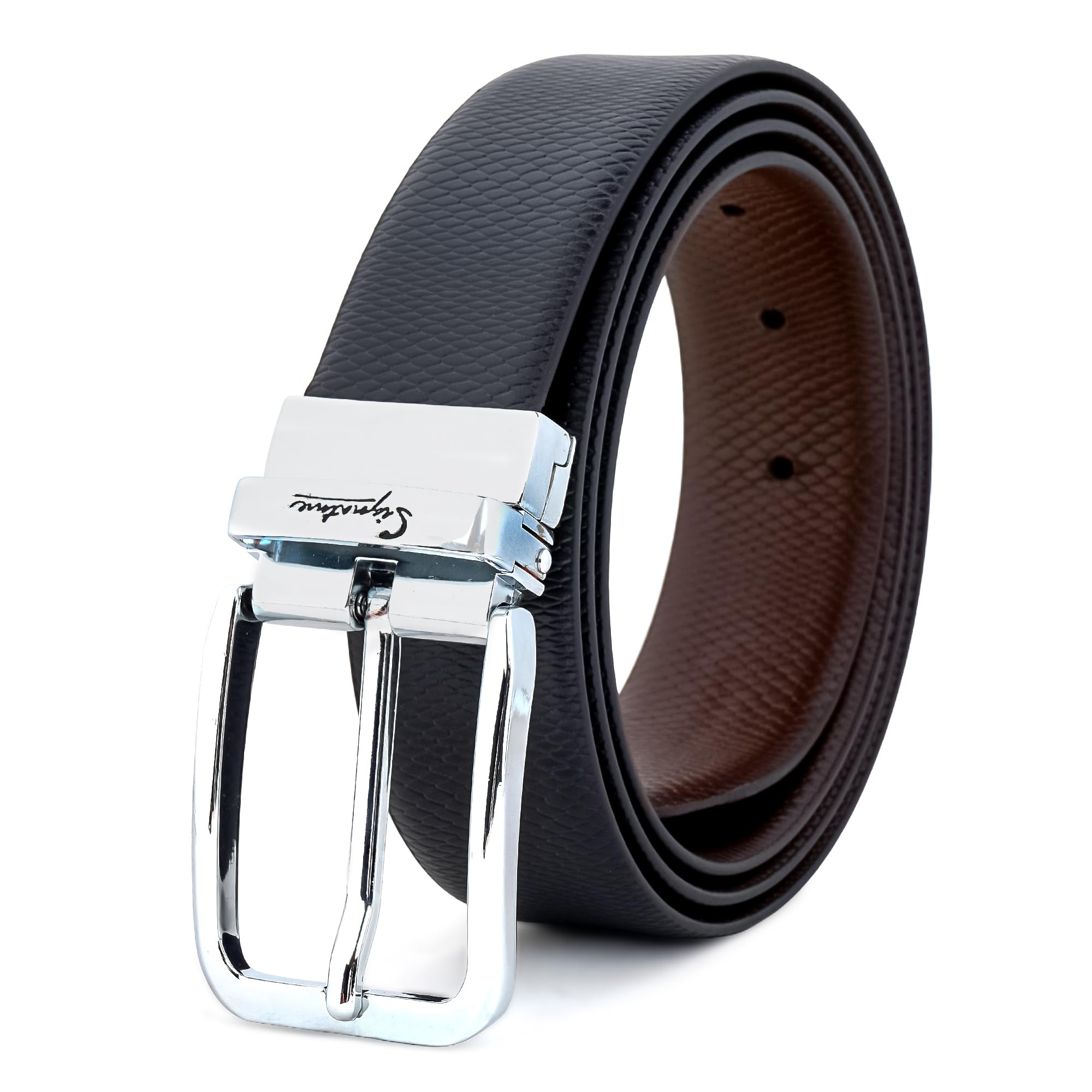 signature itelian globe leather belt for men, reversible black & brown formal belt, 100% genuine leather, adjustable free size up to 44 inch, casual & formal wear