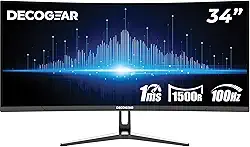 Deco Gear Monitor de negócios ultra amplo curvo de 34 polegadas | 3440 x 1440, 100Hz, 1500R, 99% sRGB | Suporte ajustável, 2 HDMI e 2 DisplayPort | HDR, pouca luz azul, PIP/PBP