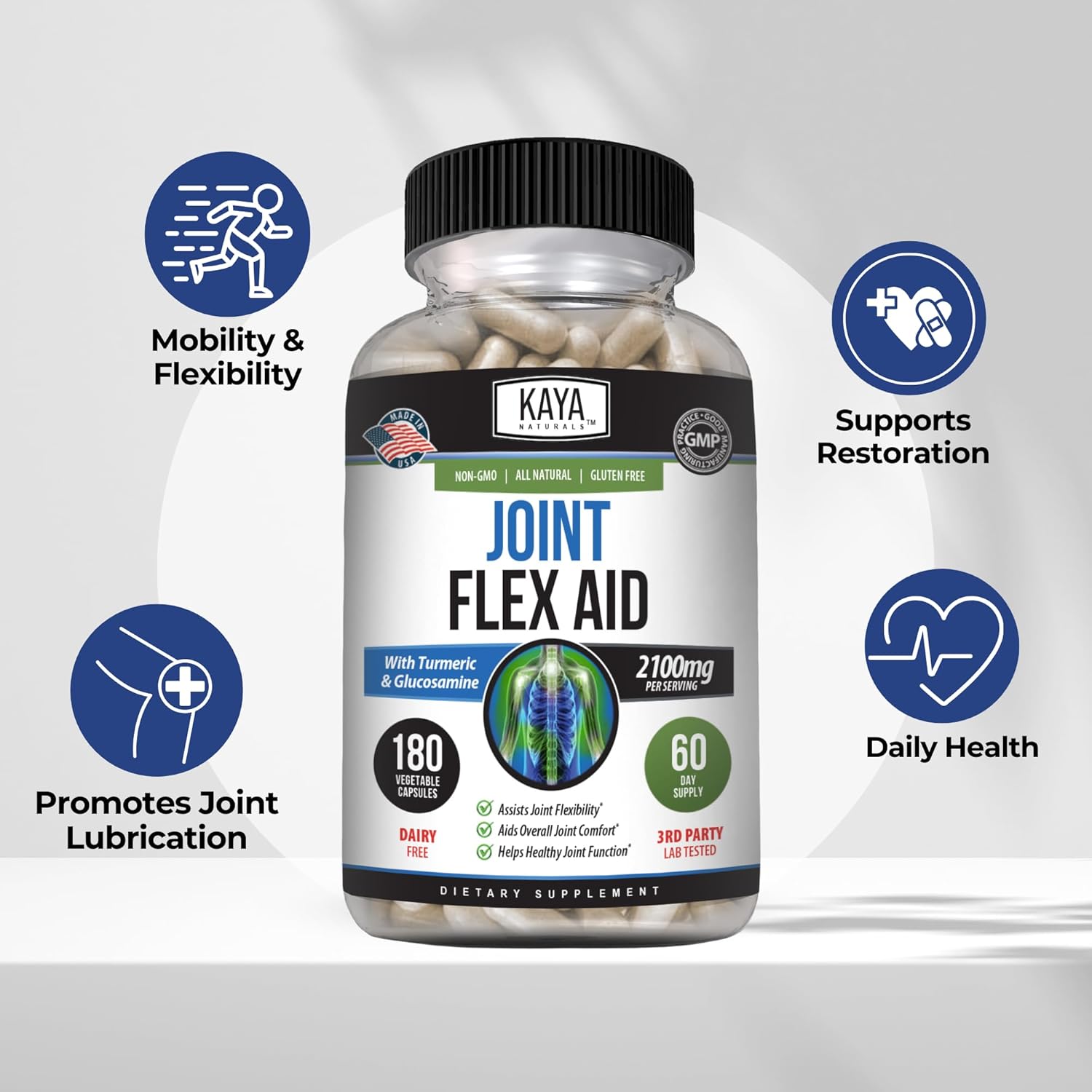 Kaya Naturals Flex Aid - Mobility Support Supplement for Men and Women - Turmeric Capsules with Glucosamine Sulfate, Boswellia Serrata and MSM - for Knee Support and Mobility Health - 180 Count