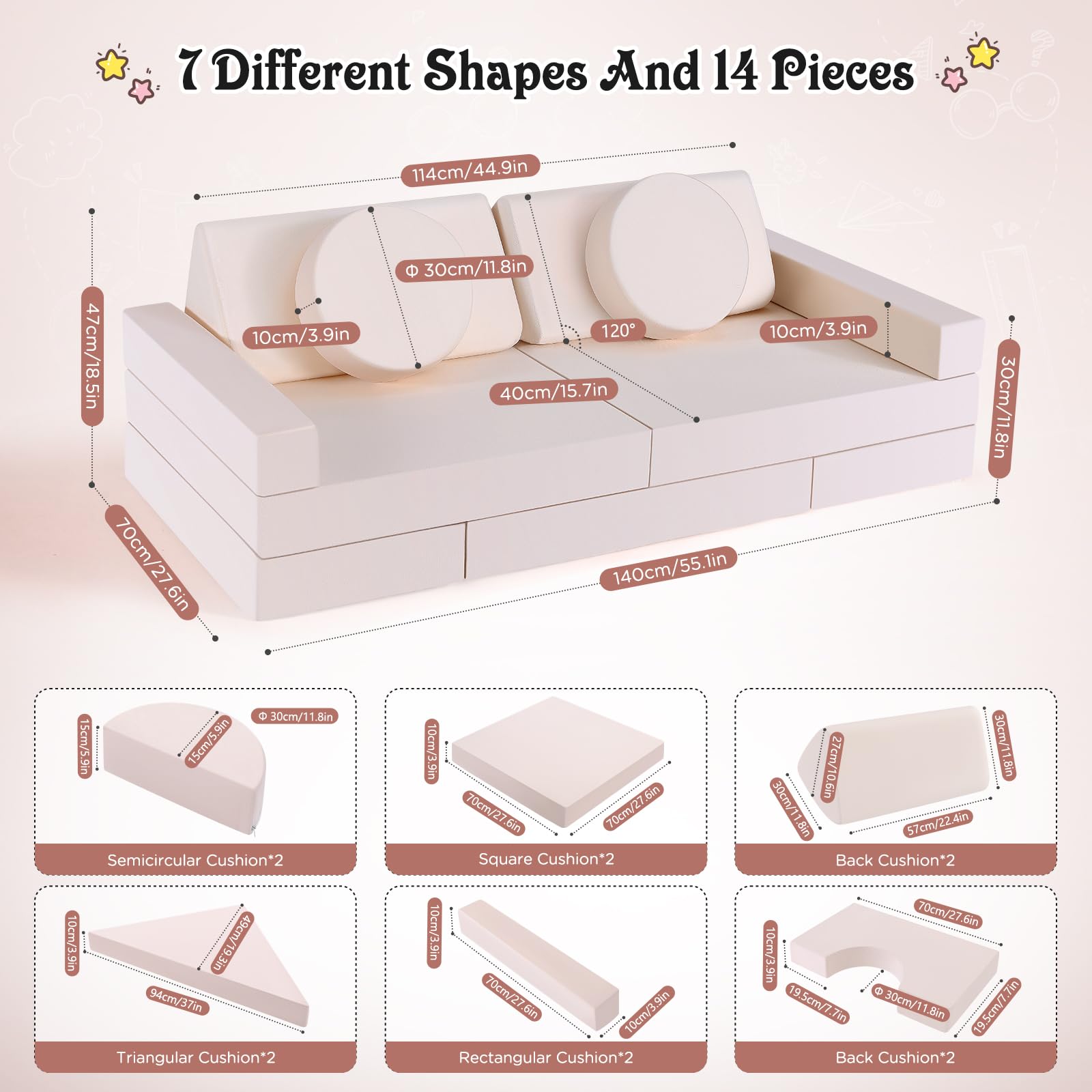 14-teiliges Modulares Spielsofa Beige, DIY Kindercouch mit Waschbaren Bezügen, Weiches Schaumstoff-Sofa, Flexibel Umbau bar für Kinderzimmer & Wohnzimmer