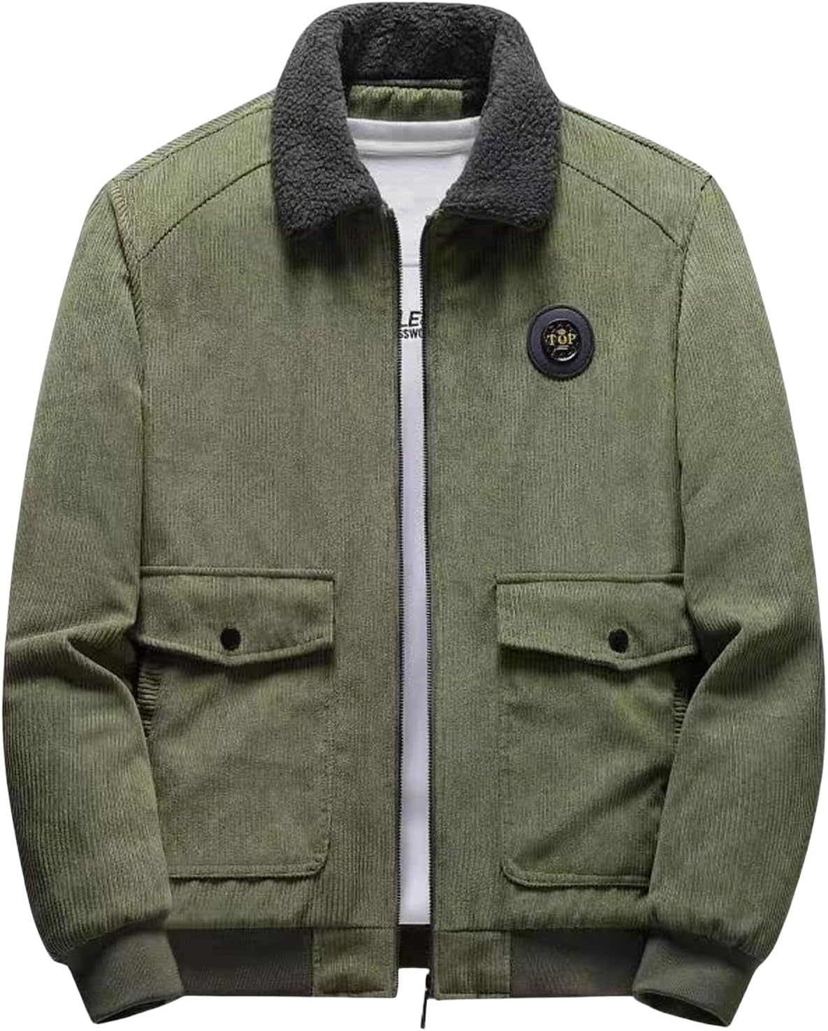 Thatrich Mens Fleece Sherpa Jacket Lightweight Corduroy Shirt Zip Up lapel Sweater Coat Thick Warm Jacket Long Sleeve Shacket